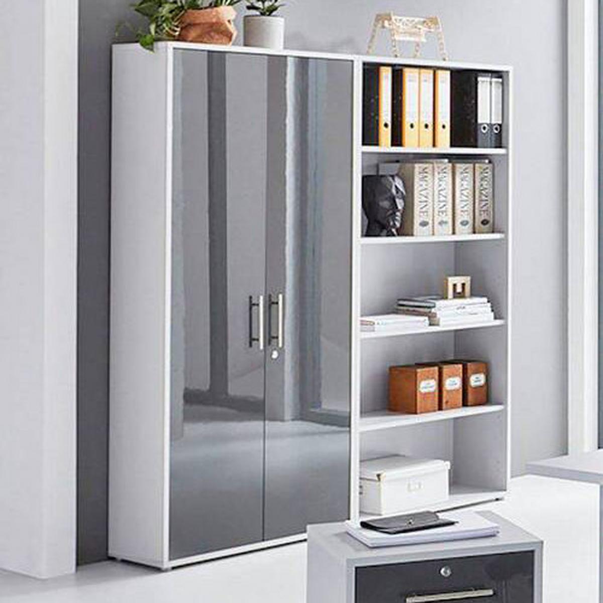 Aktenschrank Office Edition Sw Set 1 hoch Weiß/Anthrazit - Anthrazit Hochglanz/Weiß, MODERN, Holzwerkstoff (168,8/185,6/33cm) - MID.YOU
