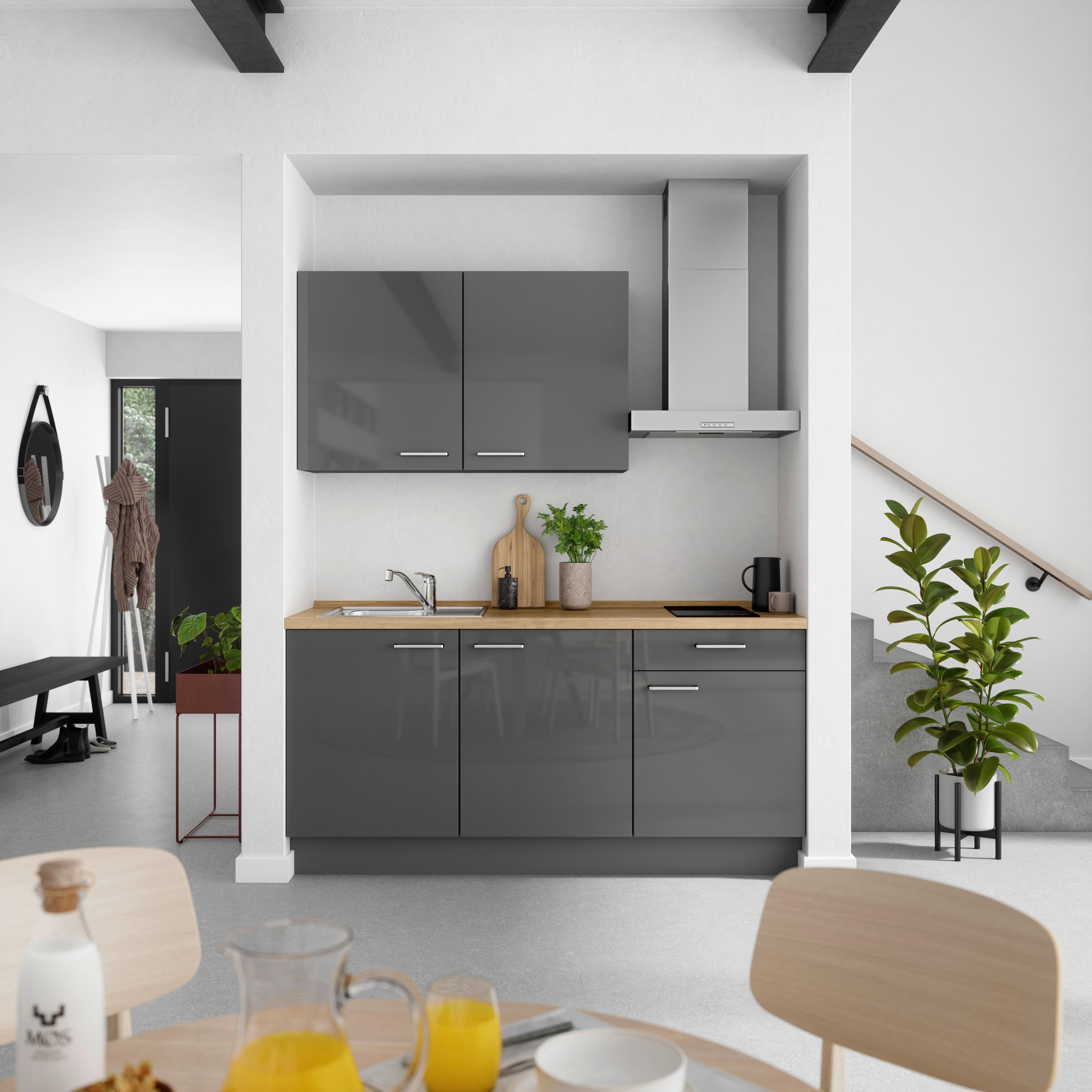 Küchenblock Flash Low m. Geräten Schieferfarben - Schieferfarben/Edelstahlfarben, MODERN, Holzwerkstoff/Metall (180cm) - Nobilia