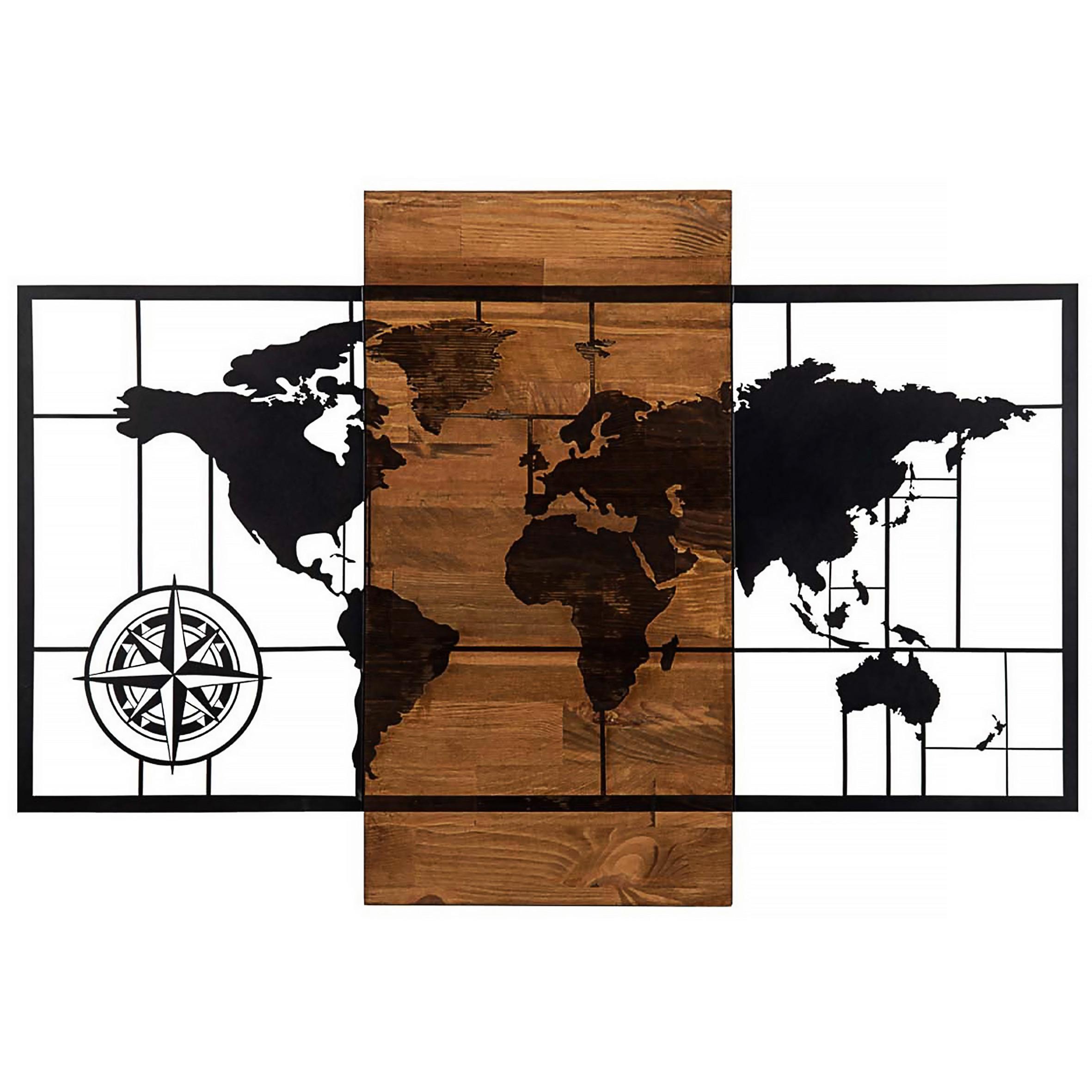 OBRAZ PRZESTRZENNY WORLD MAP WITH COMPASS - czarny/brązowy, Basics, materiał drewnopochodny (85/58cm)