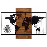 OBRAZ PRZESTRZENNY WORLD MAP WITH COMPASS - czarny/brązowy, Basics, materiał drewnopochodny (85/58cm)
