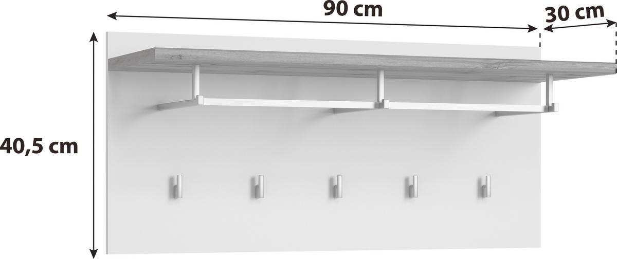 Garderobni Panel Hola, Bela, Barva Hrasta - hrast wotan/bela, Trend, leseni material (90/40,5/30cm)