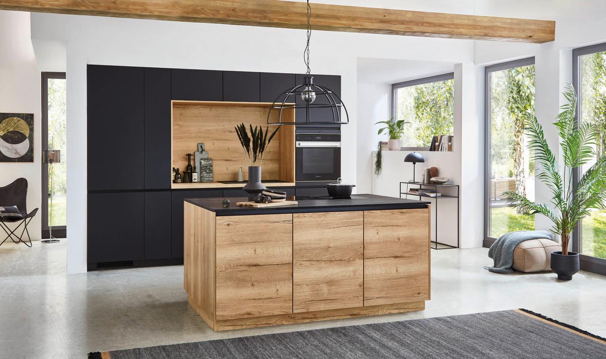 Einbauküche Easytouch Schwarz/Eichefarben - Eichefarben/Schwarz, MODERN, Holzwerkstoff (300cm) - Nobilia