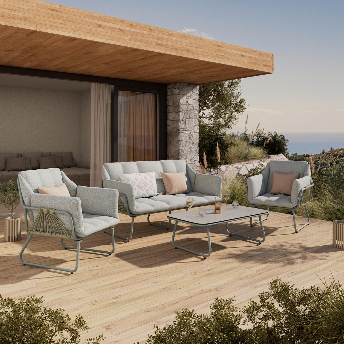 Gartenset Betty Grün/Beige 4-teilig - Beige/Grün, MODERN, Glas/Textil - Mömax