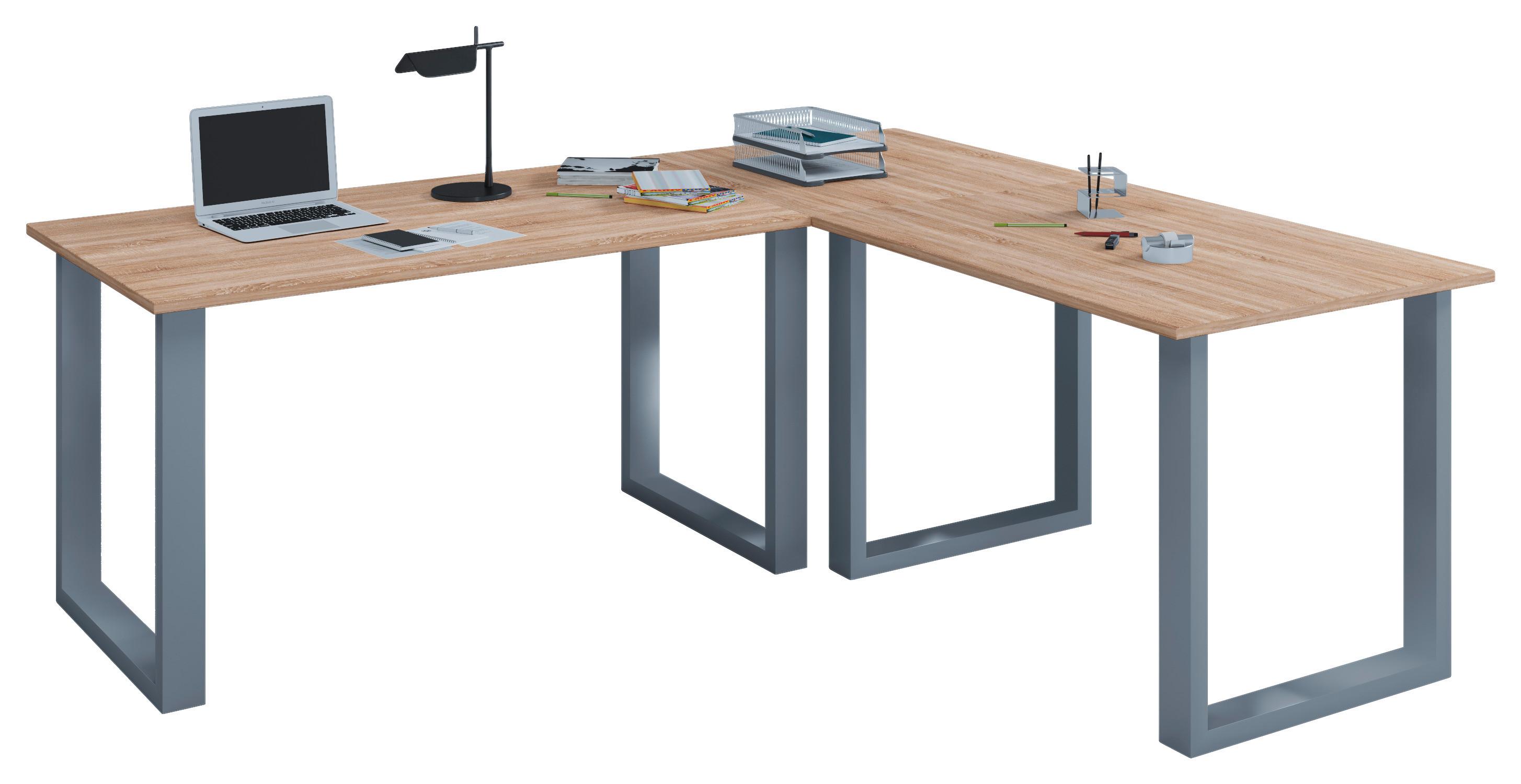 Kotna Pisalna Miza Lona, Hrast, 160x160cm - srebrne barve/hrast sonoma, Moderno, kovina/leseni material (160/160/76cm) - MID.YOU