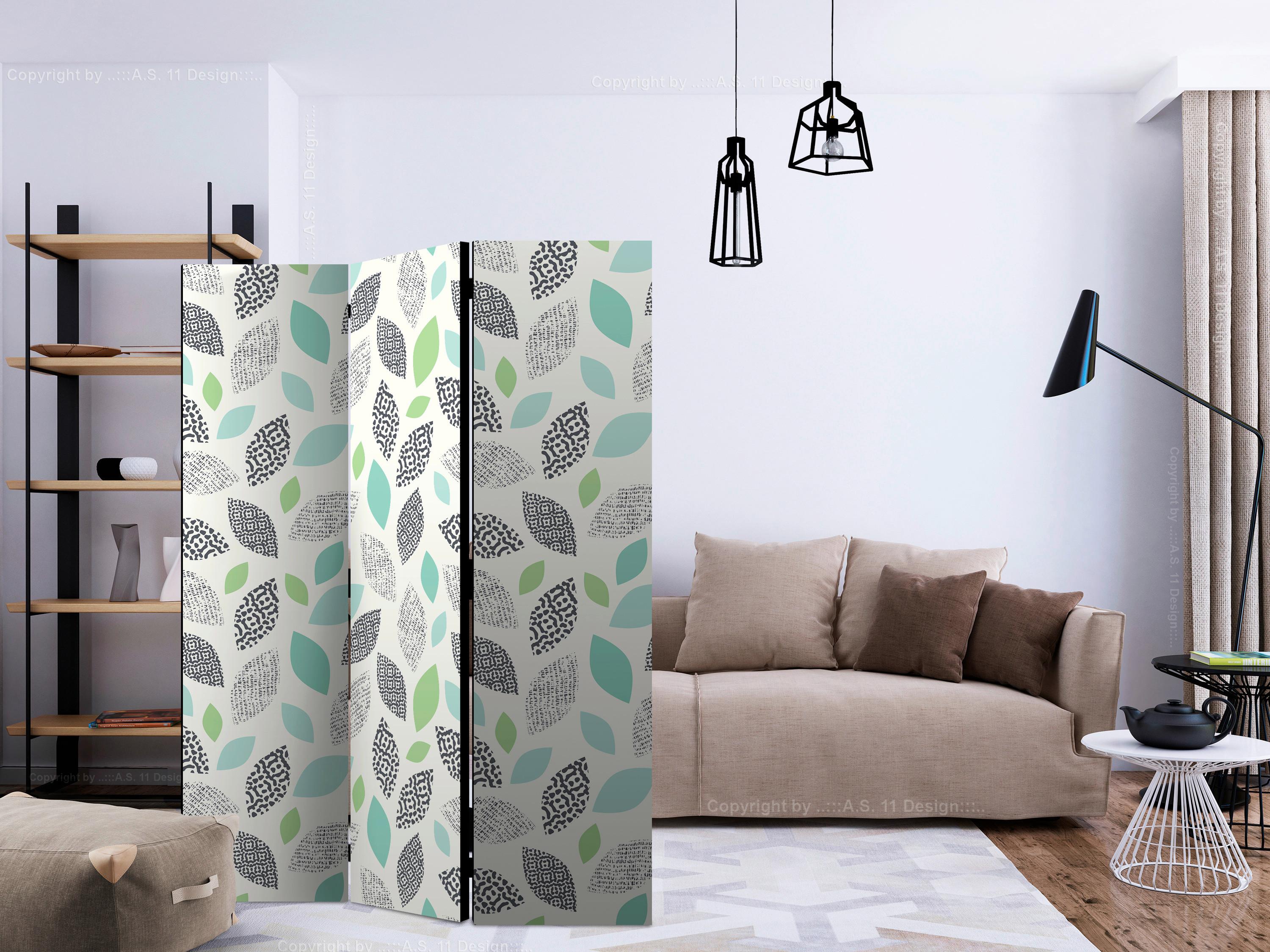 Paravan Patterned Leaves, 3-Delni, Dvostranski - zelena/bež, Basics, tekstil/les (135/172/3cm) - artgeist