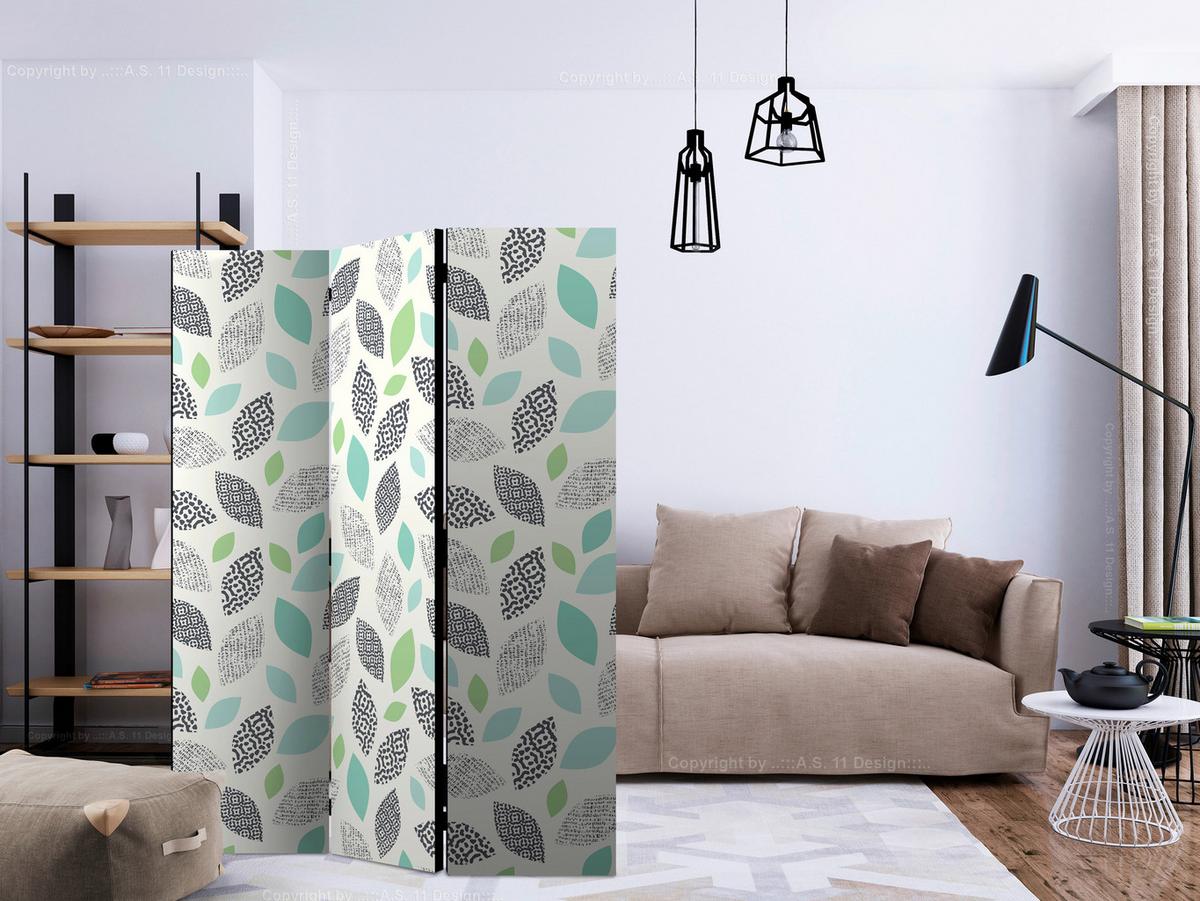 Paravan Patterned Leaves, 3-Delni, Dvostranski - zelena/bež, Basics, tekstil/les (135/172/3cm) - artgeist