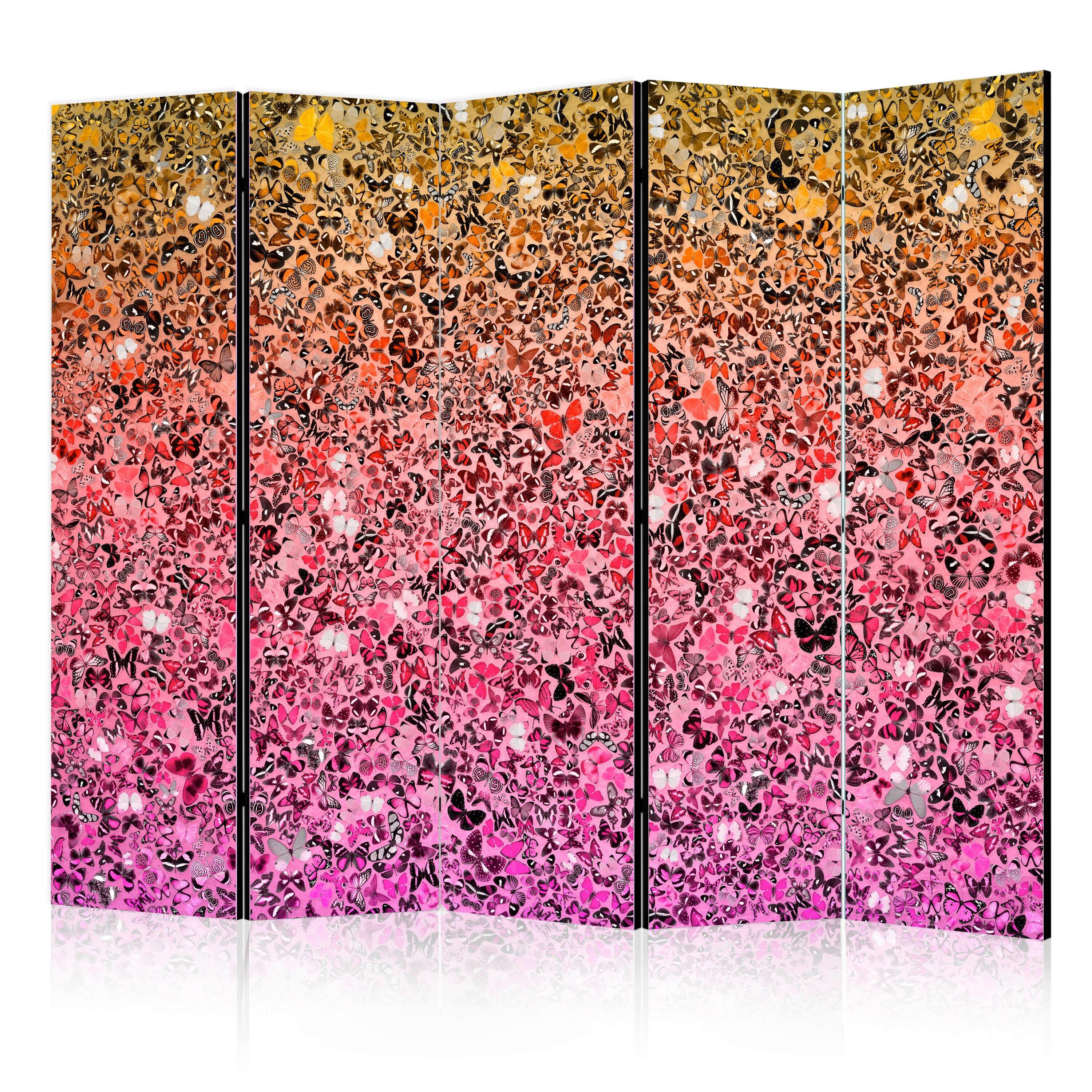 Paravan Butterflies I, 5-Delni, Dvostranski - rumena/pink, Basics, tekstil/les (225/172/3cm) - artgeist