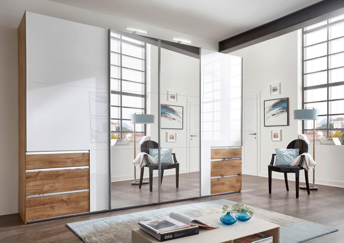 Ormar S Kliznim Vratima Level 36 D - boje hrasta/bijela visoki sjaj, Moderno, drvni materijal/metal (350/216/65cm) - Modern Living
