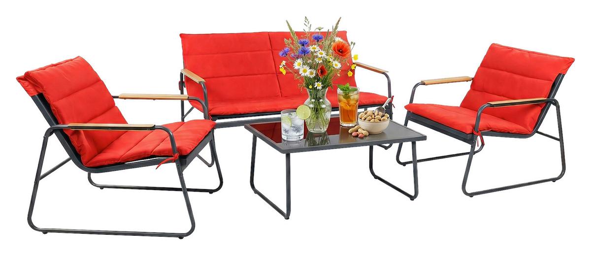 LOUNGEGARNITUR LEXILA 920576 4-TLG - Rot/Schwarz, Modern, Glas/Kunststoff - Gardenson