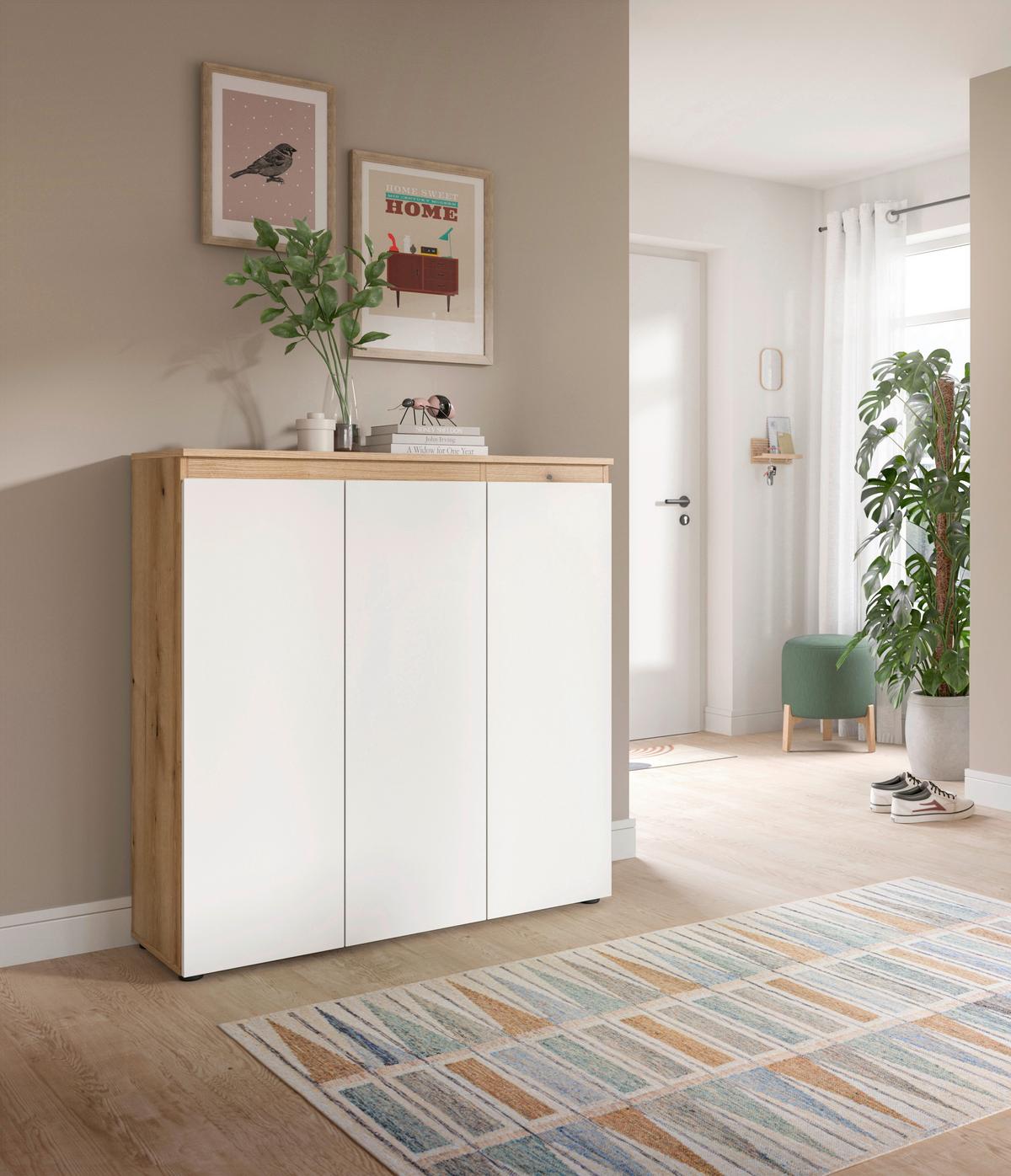 Schuhschrank Scarpa Weiß/Eiche - Eichefarben/Schwarz, Design, Holzwerkstoff/Kunststoff (105/111/37cm) - Livetastic