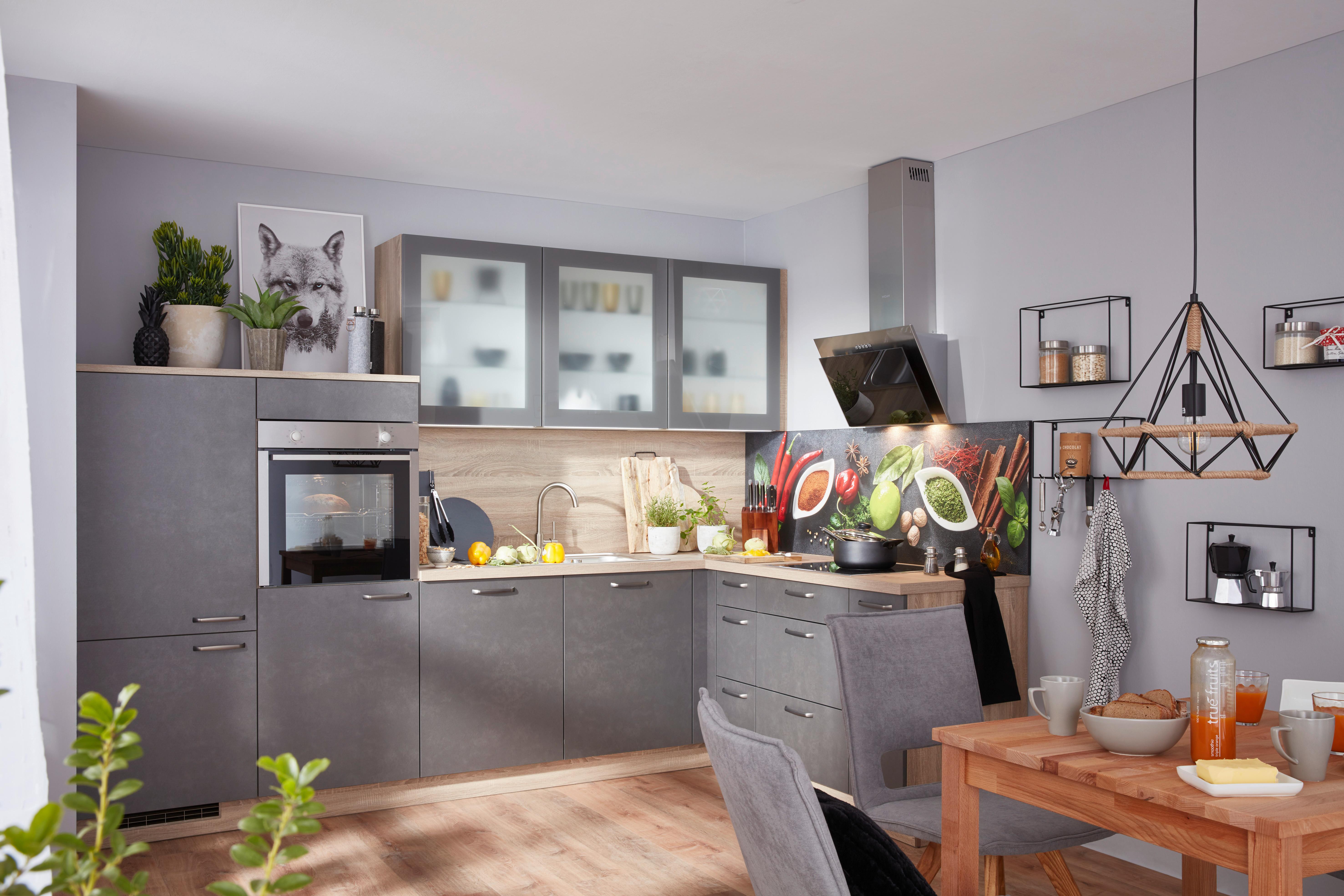 ECKKÜCHE Base Stahl grau - Dunkelgrau/Eichefarben, MODERN, Holzwerkstoff (305/186cm) - Express-Kuechen