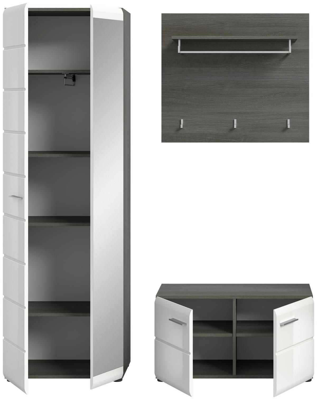 Garderobe Salsa 3-tlg. ca. 155x192x37 cm Weiß/Rauchs. - Weiß Hochglanz, Design, Holzwerkstoff (155/192/37cm) - MID.YOU