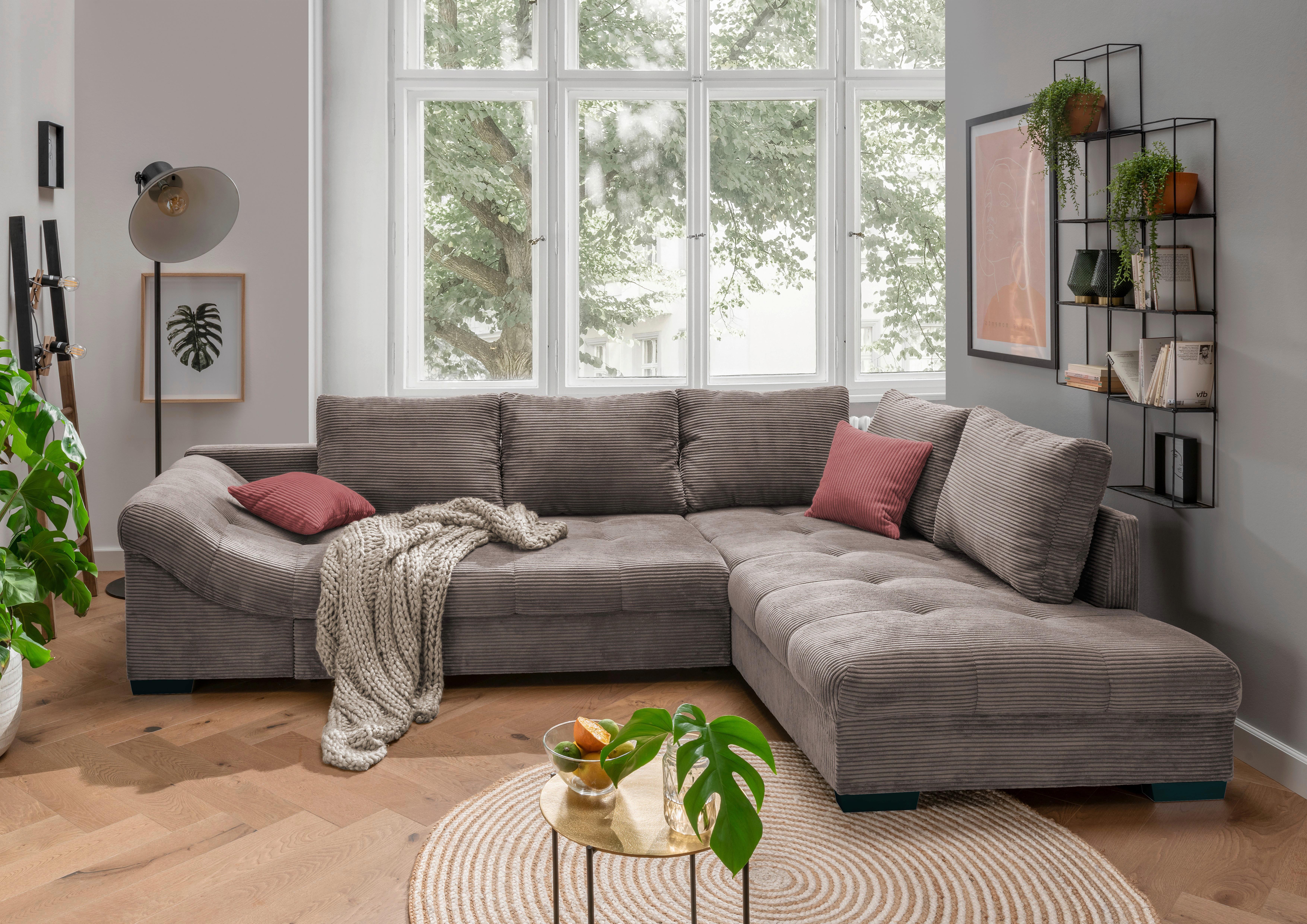 Wohnlandschaft Alvito Braun Cord - Taupe/Koralle, Design, Holz/Textil (298/202cm) - MID.YOU