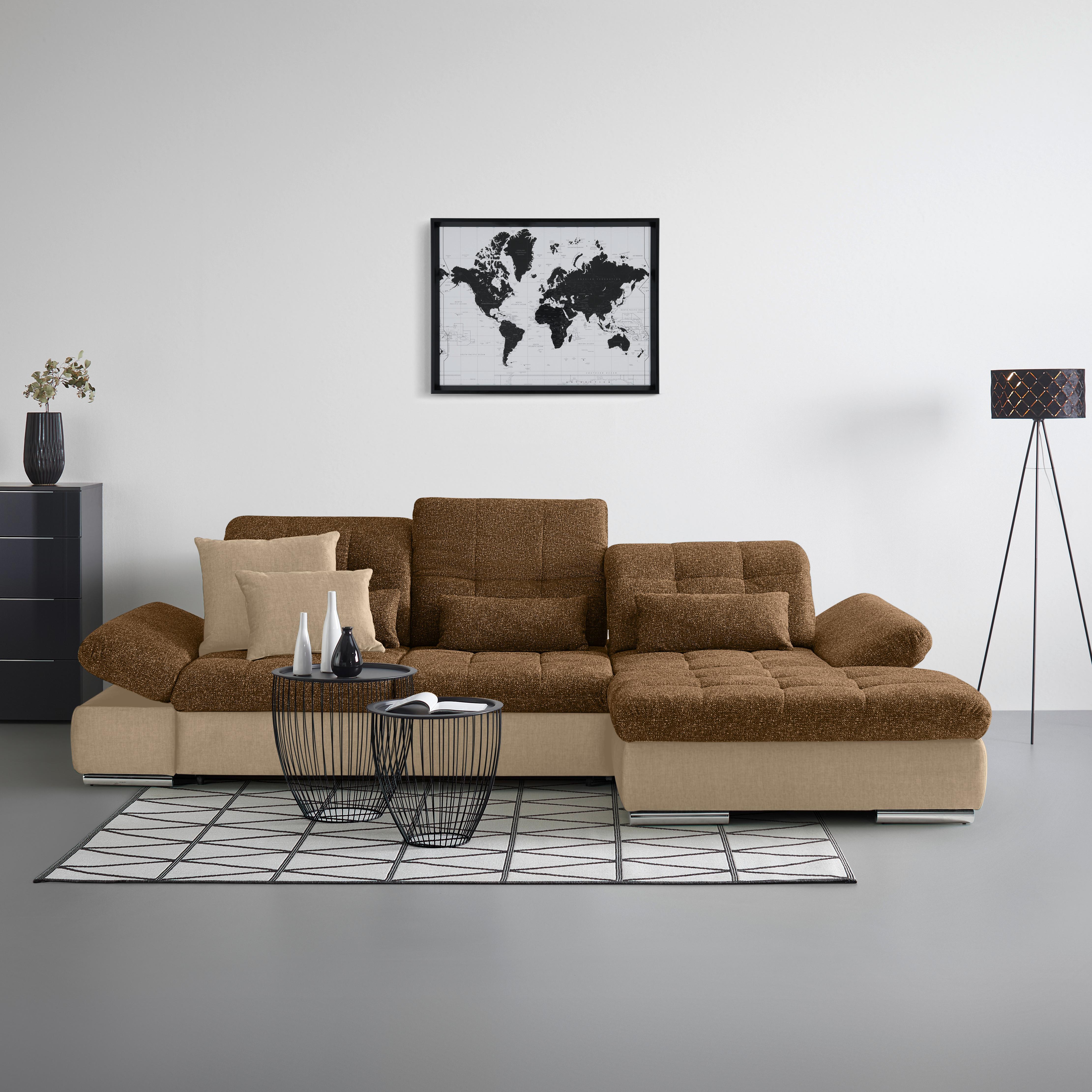 Wohnlandschaft Sanfino Taupe/Cognac - Taupe/Chromfarben, KONVENTIONELL, Holz/Textil (305/79-96/199cm) - Premium Living