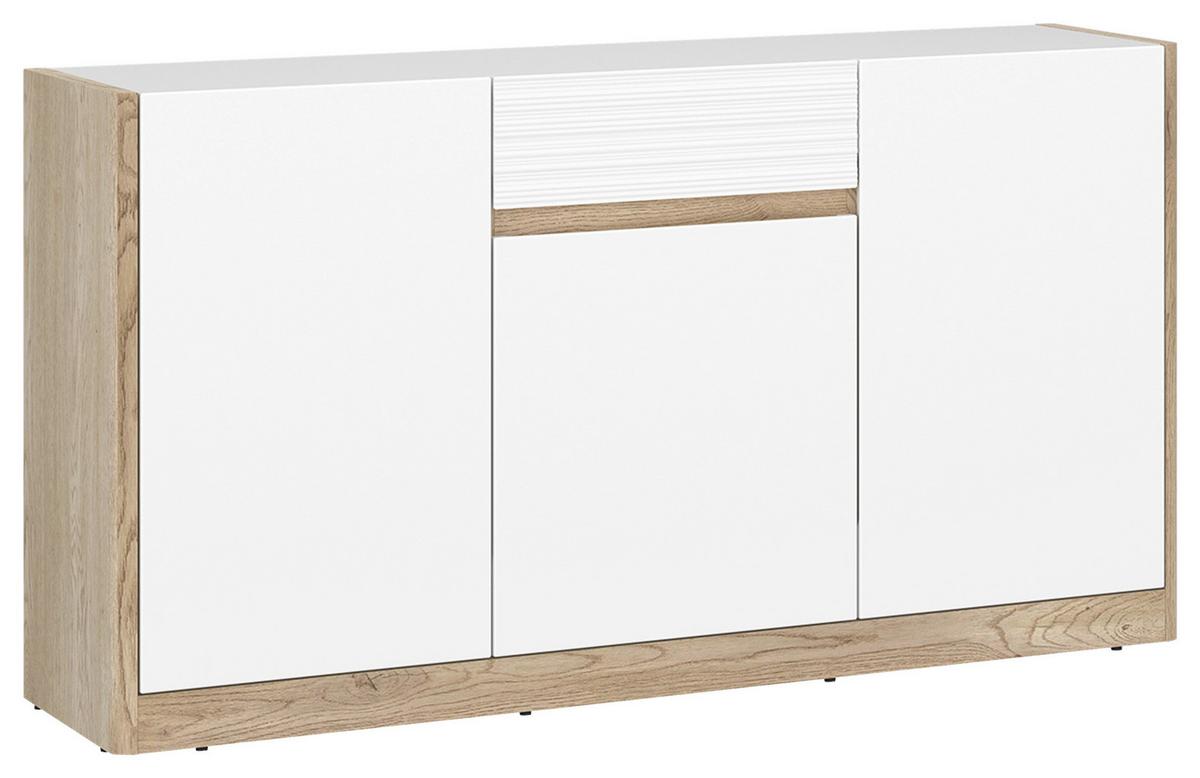 Comodă cu uși CALIMA - alb/culoare lemn stejar, Konventionell, material pe bază de lemn (145,6/80,5/40,3cm) - Modern Living