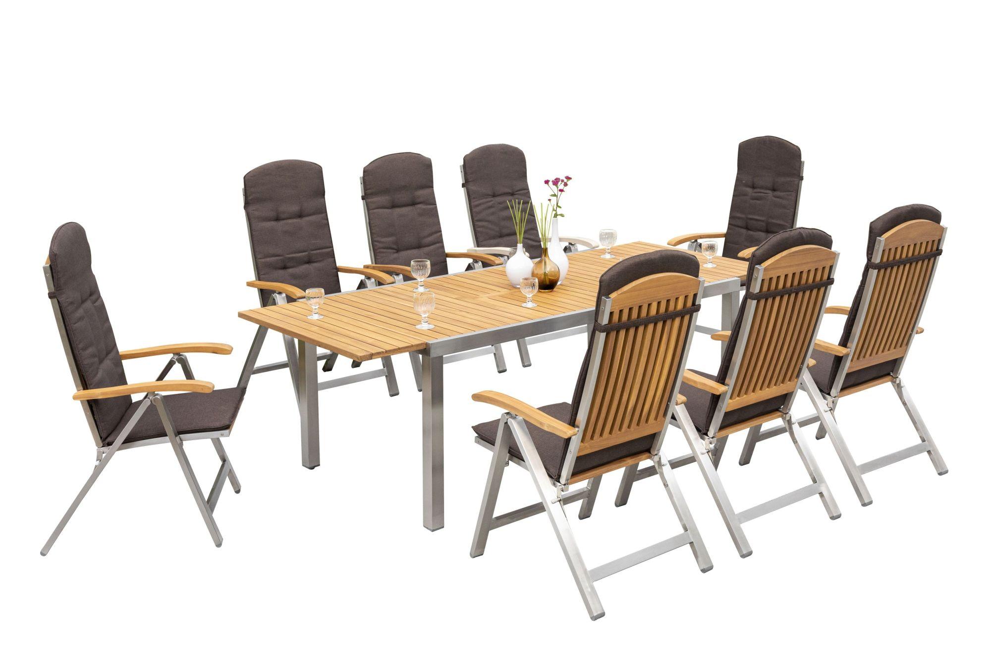 Gartengarnitur 9-tlg. Keros Holz/Metall mit Kissen - Silberfarben/Naturfarben, ROMANTIK / LANDHAUS, Holz/Textil (180-240/74/100cm) - Gardenson
