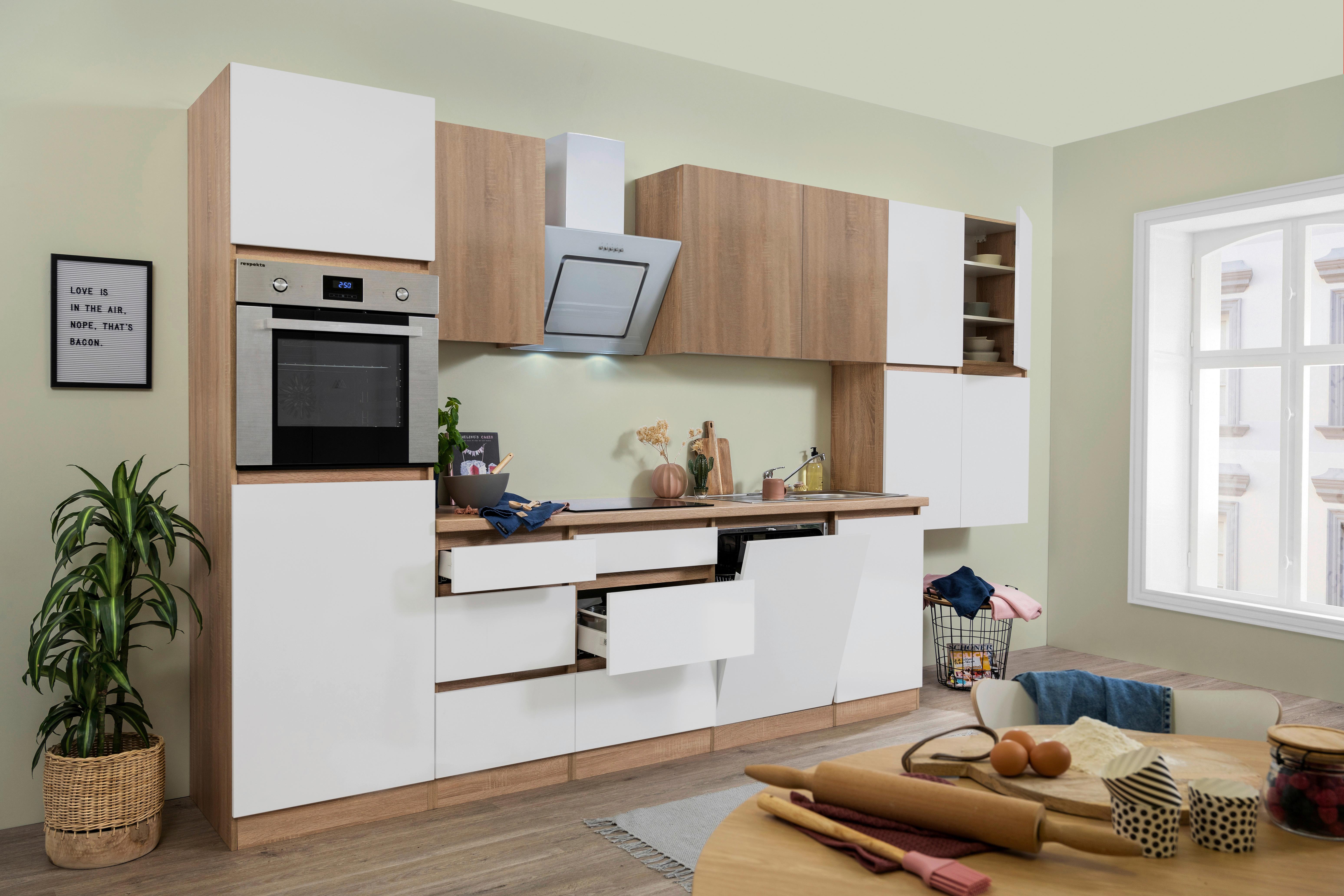 Küchenzeile Premium m. Geräte Weiß/Eiche B: ca. 380 cm - Eichefarben/Weiß Hochglanz, Basics, Holzwerkstoff (380cm) - Respekta