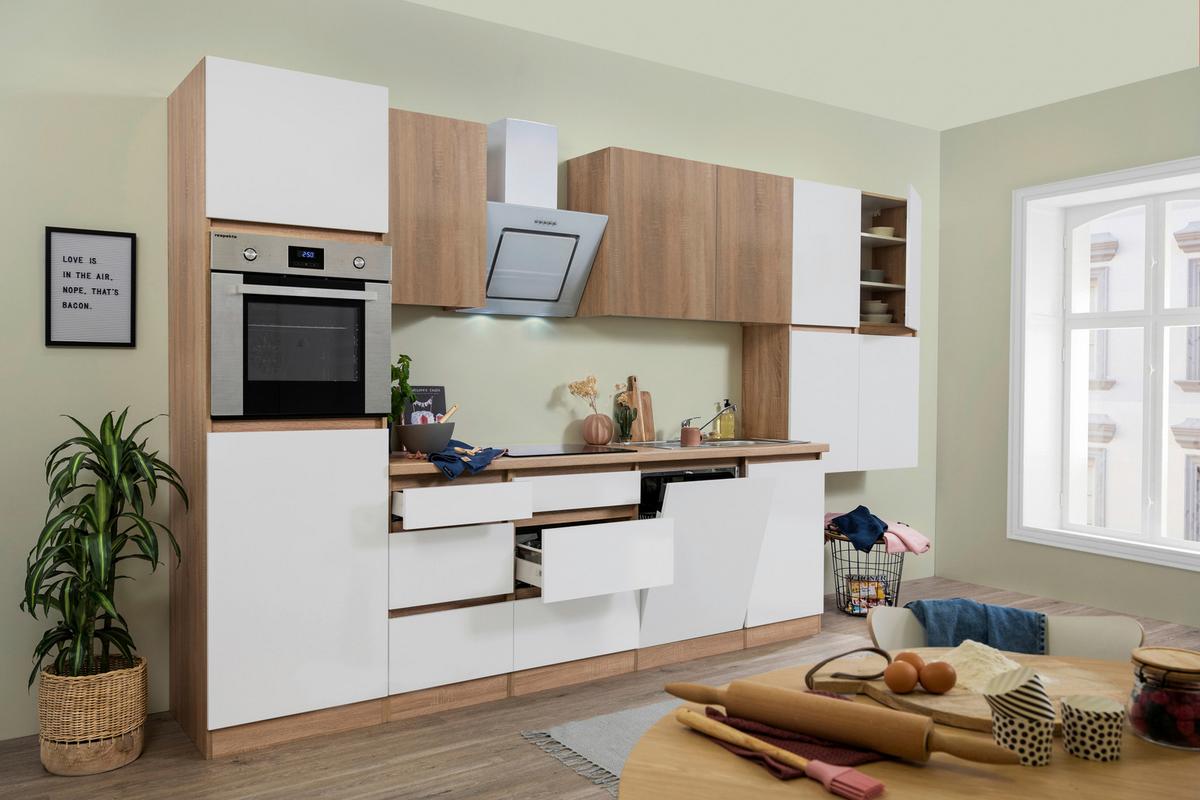 Küchenzeile Premium m. Geräte Weiß/Eiche B: ca. 380 cm - Eichefarben/Weiß Hochglanz, Basics, Holzwerkstoff (380cm) - Respekta