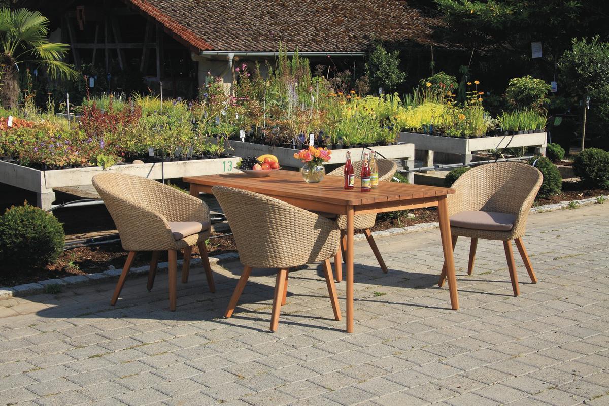 Gartengarnitur 5-tlg. Holz/ Metall/Kunststoff/Textil - Akaziefarben/Teakfarben, Basics, Holz/Kunststoff (180/90/76cm) - Gardenson
