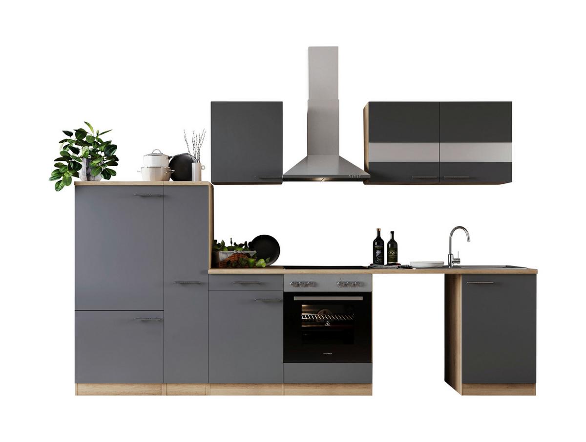 Küchenblock Merle m. Geräte Grau - Edelstahlfarben/Eichefarben, Basics, Glas/Holzwerkstoff (310cm) - Respekta