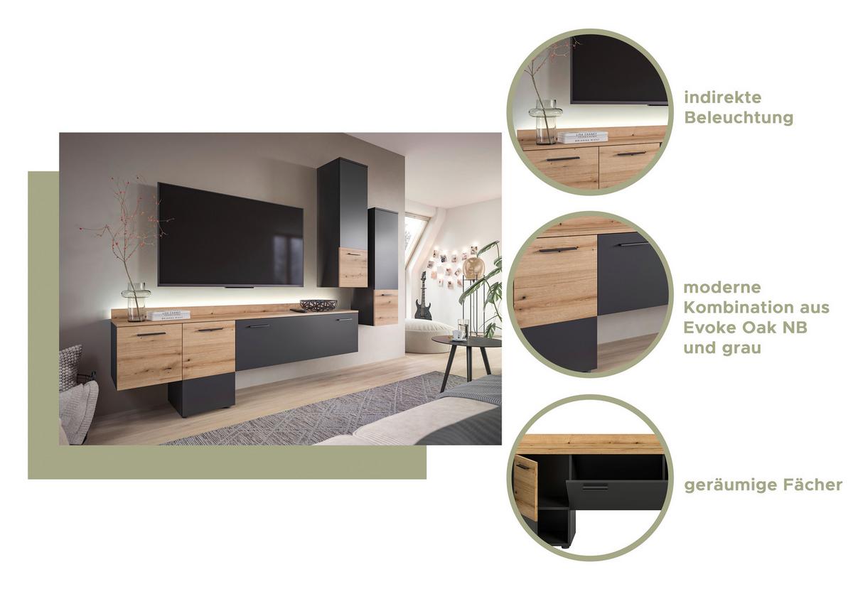 Ansamblu mobilier camera de zi GOAL - culoare lemn stejar/gri, Design, material pe bază de lemn (247/196/37cm) - Modern Living