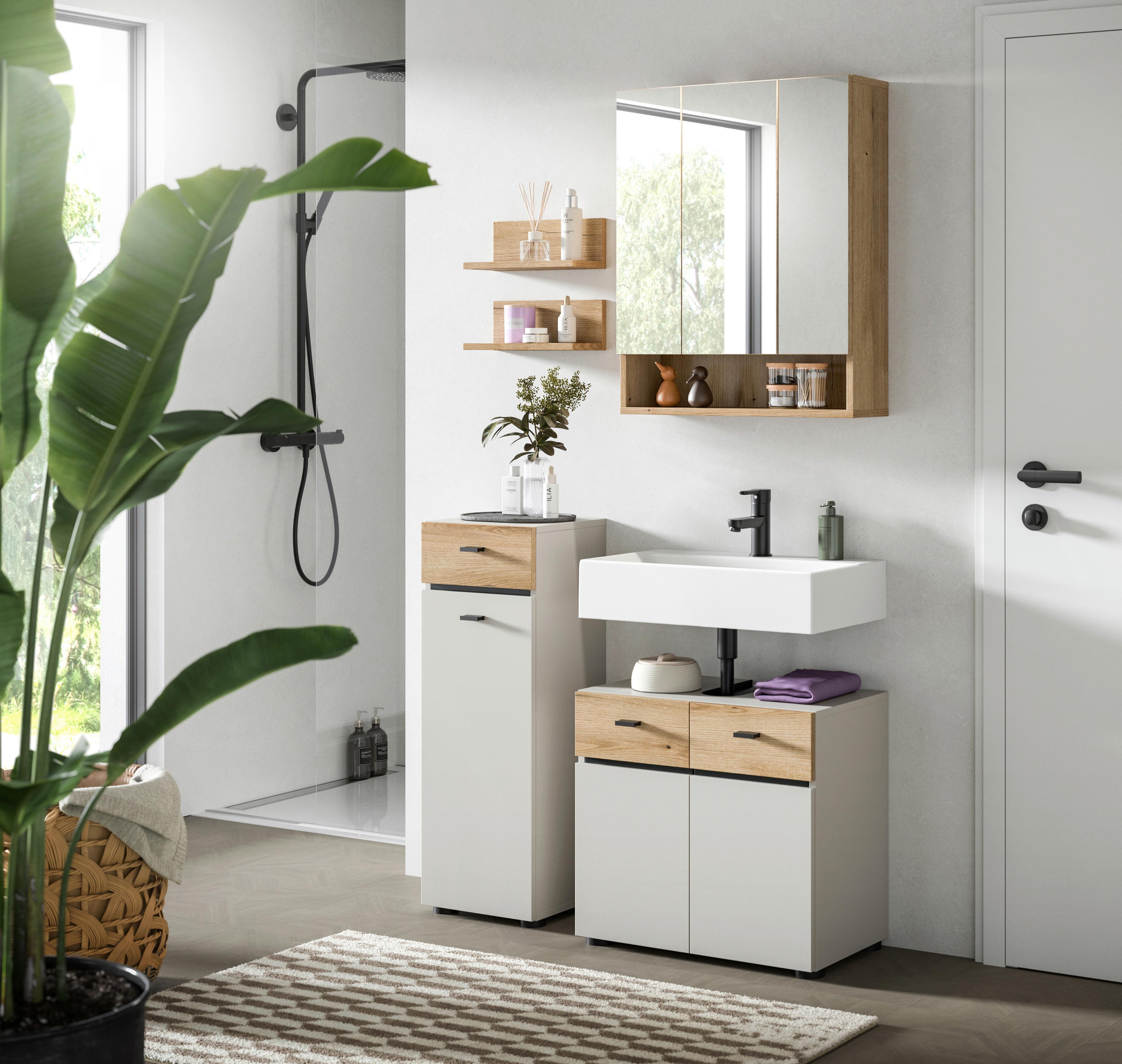 Badezimmer Aqua Eichefarben/Kaschmir 4-teilig - Kaschmir/Eichefarben, Trend, Glas/Holzwerkstoff (92cm) - MID.YOU