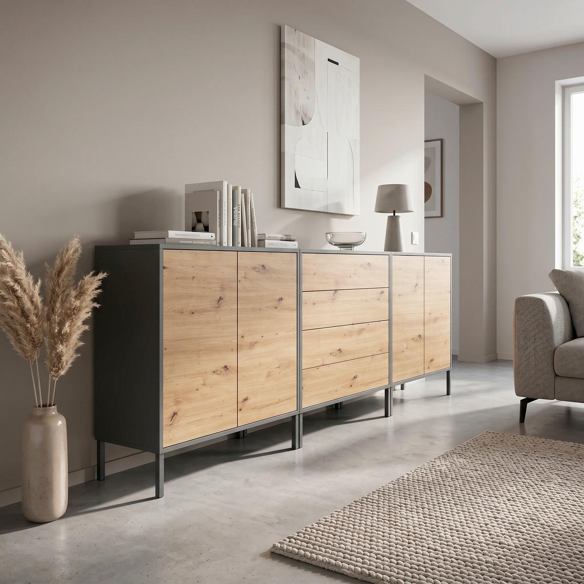 Sideboard Mailand Set 5 Anthrazit/Eiche - Anthrazit/Eiche Artisan, MODERN, Holzwerkstoff/Metall (237/86/33cm) - MID.YOU