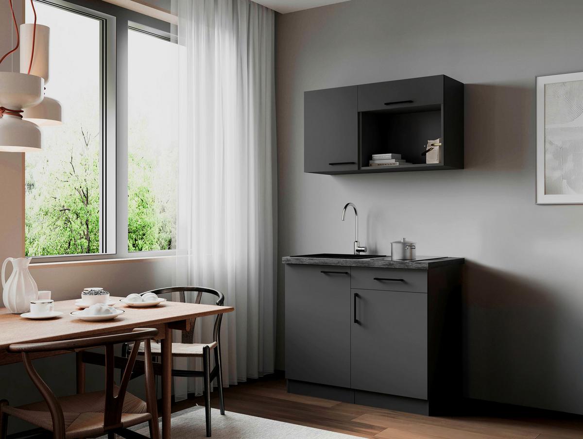 Miniküche Oliver m. Gerät ca. 100cm Grau - Grau, Trend, Holzwerkstoff/Metall (100cm) - Respekta