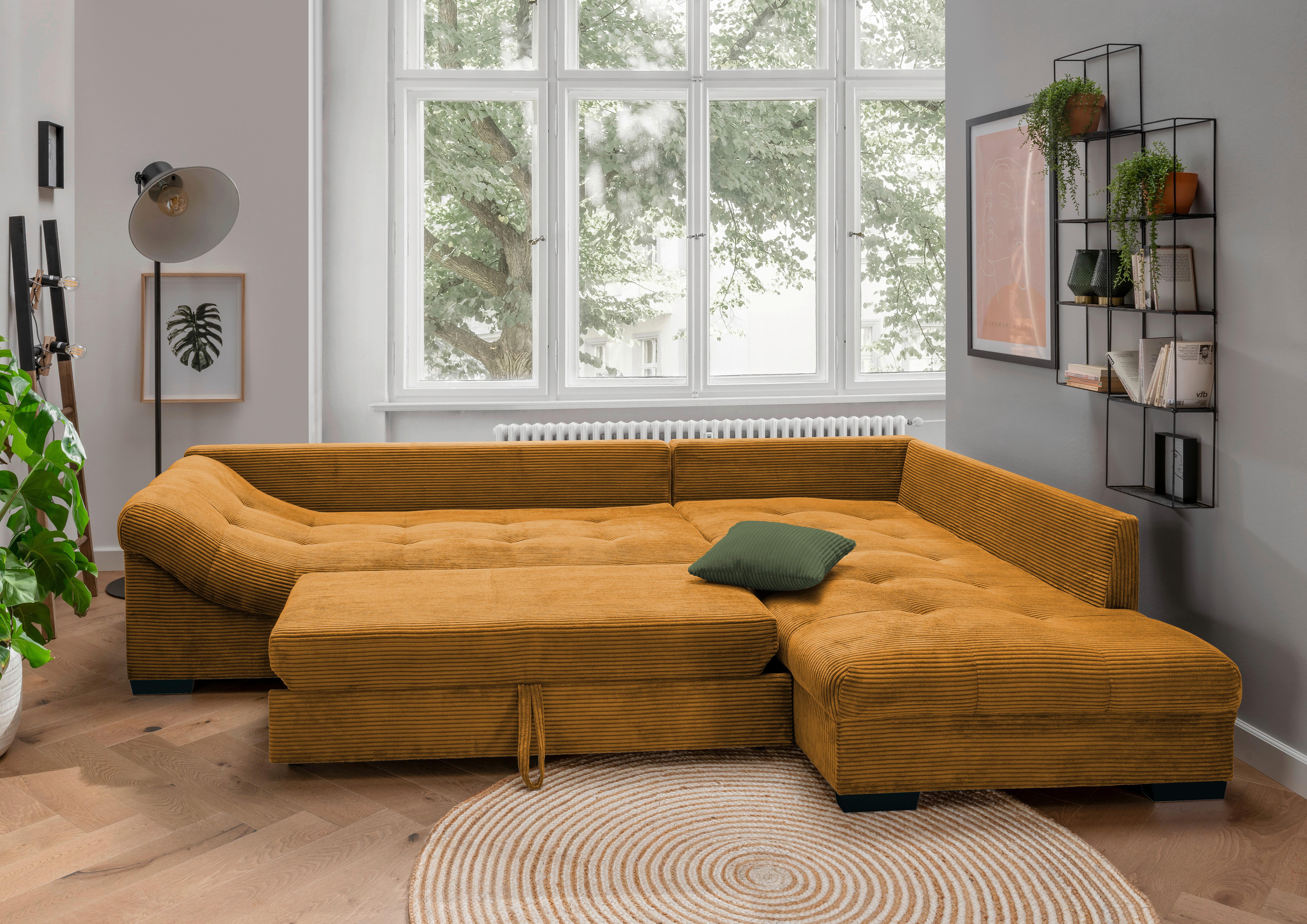 Wohnlandschaft Alvito Cognac Cord - Dunkelgrün/Cognac, Design, Holz/Textil (298/202cm) - MID.YOU