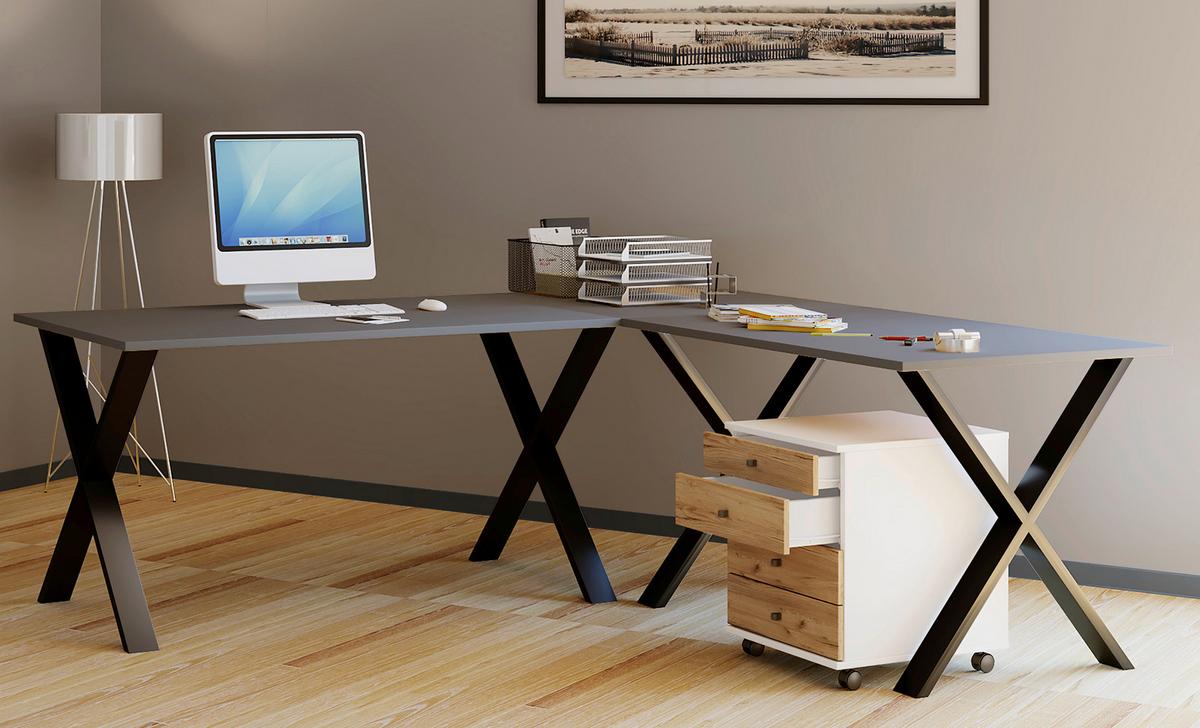 Kotna Pisalna Miza Lona, Antracit, Črna, 190x190cm - srebrne barve/črna, Moderno, leseni material (190/190/76cm) - MID.YOU