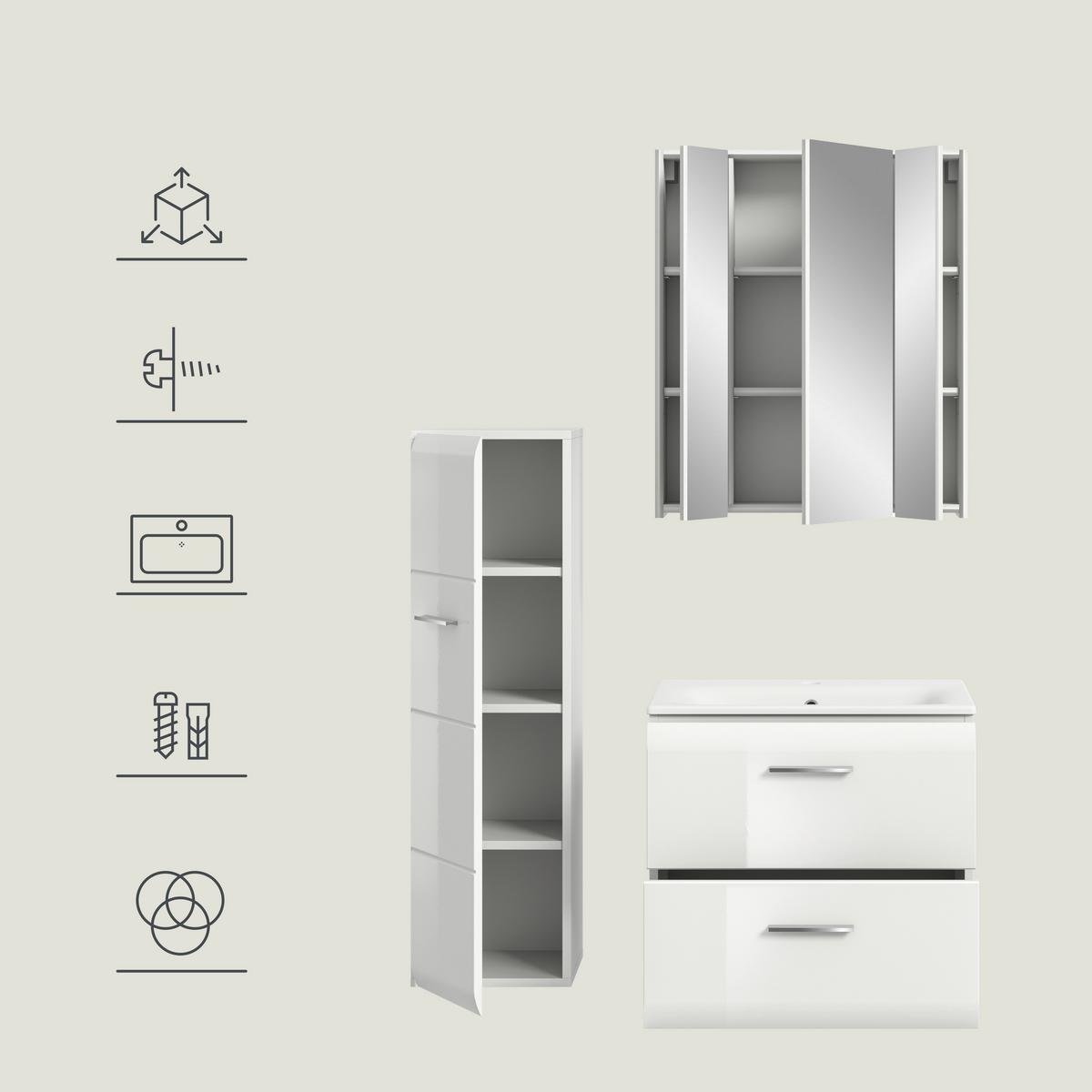 Badezimmer Ice 3-tlg. ca. 90 cm Weiß - Weiß Hochglanz/Silberfarben, MODERN, Keramik/Holzwerkstoff (90cm) - MID.YOU