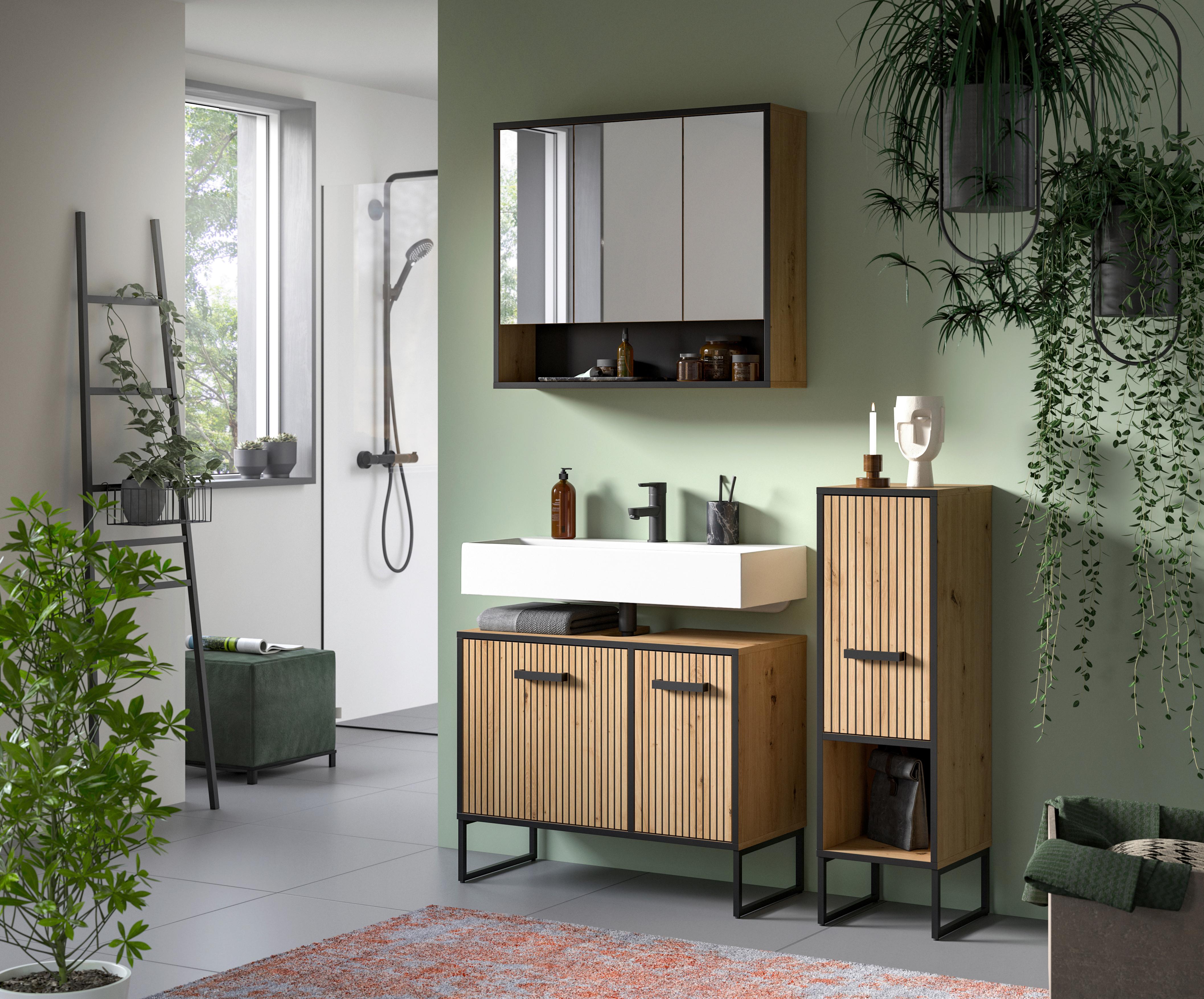 Badezimmer Bagno 3-tlg. Eiche Artisan/Schwarz - Schwarz/Eiche Artisan, Trend, Glas/Holzwerkstoff (110cm) - MID.YOU