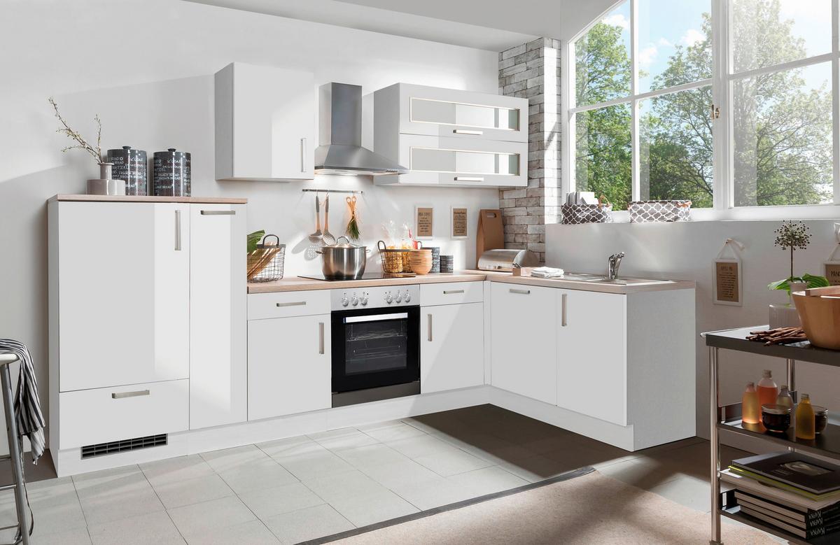 Menke Eckküche White-Premium Weiß Hochgl . B: ca. 310x173cm - Weiß Hochglanz/Silberfarben, KONVENTIONELL, Holzwerkstoff/Metall (310/173cm) - Menke