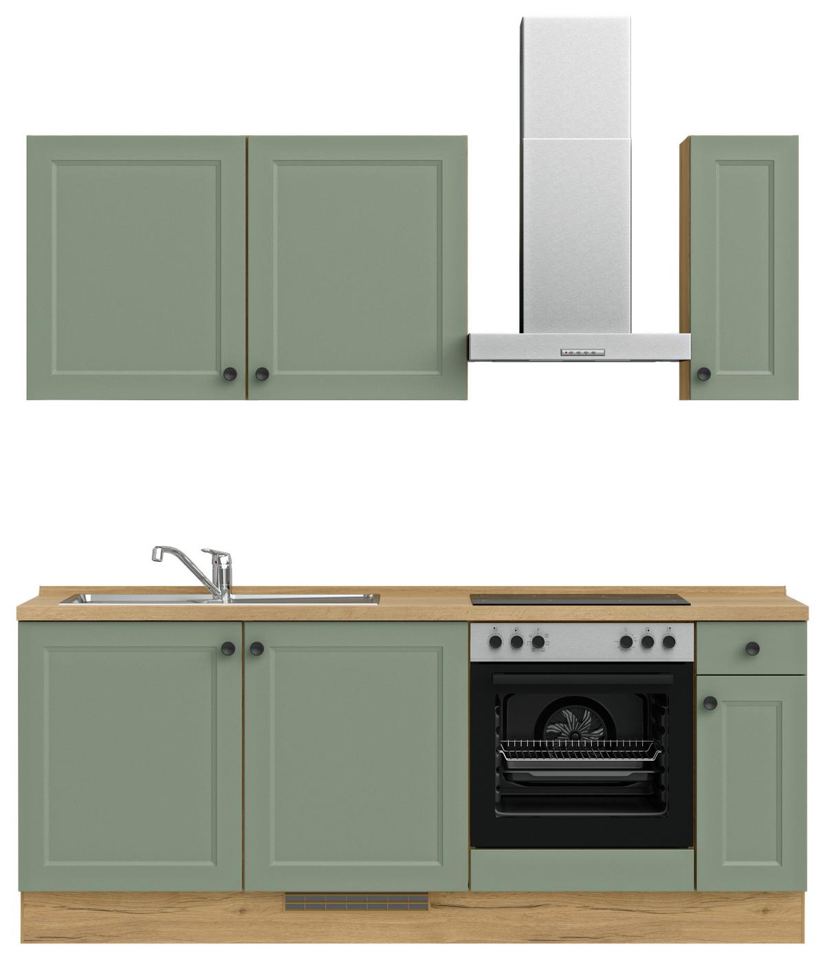 Küchenblock Cascada Low m. Geräten Schilfgrün - Schilfgrün/Eichefarben, MODERN, Holzwerkstoff/Metall (210cm) - Nobilia