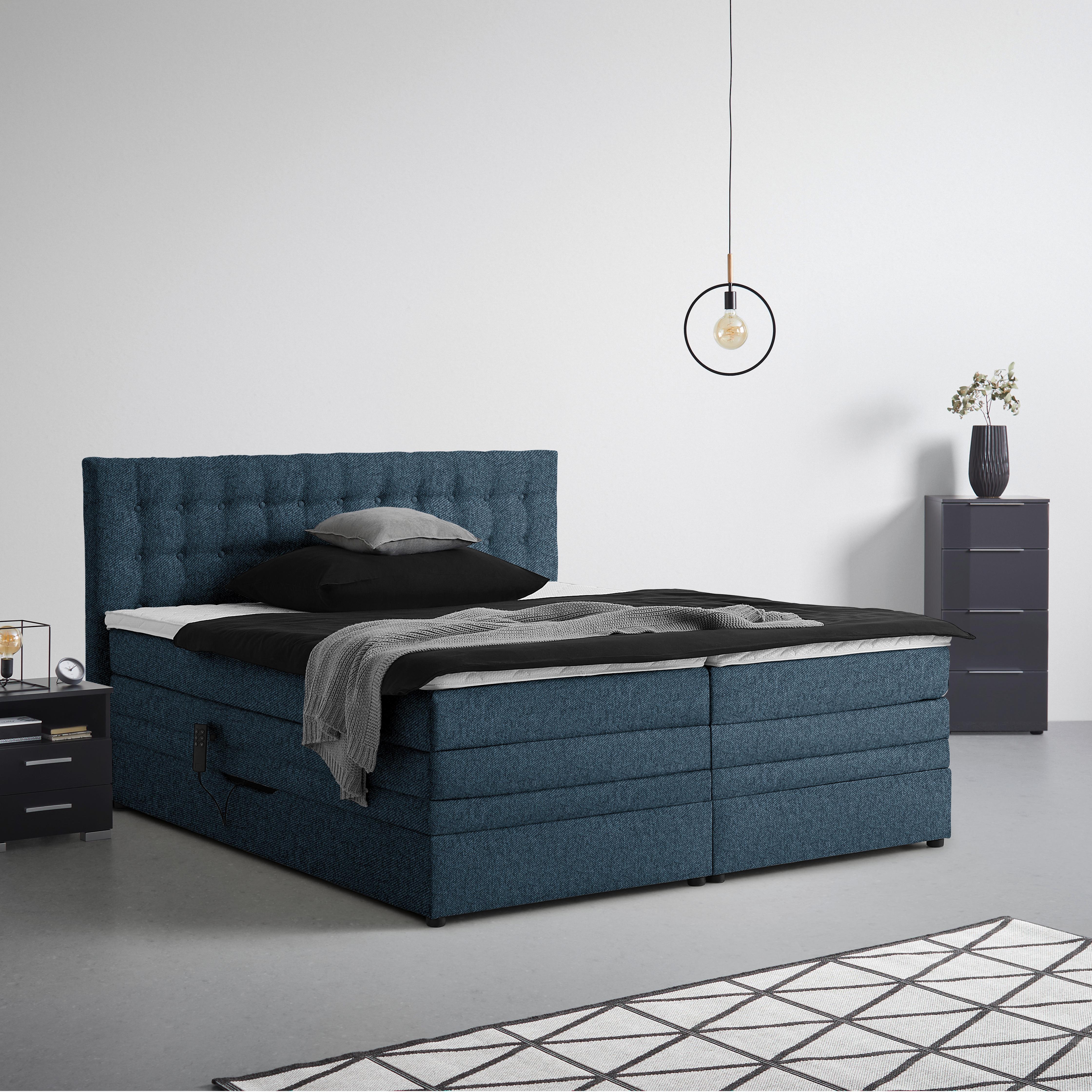 Boxspringbett Luzern Dunkelblau ca. 160x200cm - Schwarz/Dunkelblau, KONVENTIONELL, Kunststoff/Textil (160/200cm) - Premium Living