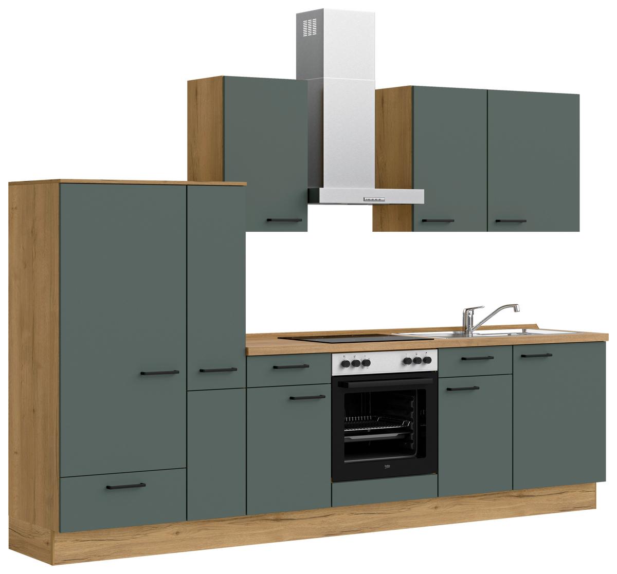 Küchenblock Easytouch m. Geräten Dunkelgrün - Dunkelgrün/Eichefarben, MODERN, Holzwerkstoff/Metall (300cm) - Nobilia