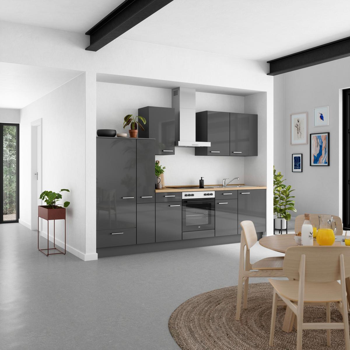 Küchenblock Flash Low m. Geräten Schieferfarben - Schieferfarben/Edelstahlfarben, MODERN, Holzwerkstoff/Metall (300cm) - Nobilia