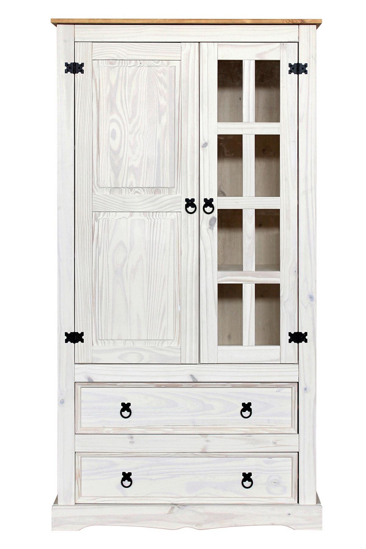 Vitrine Kiefer Weiß Weiß, 2-türig - Klar/Schwarz, Natur, Glas/Holz (100/190/41cm) - Livetastic