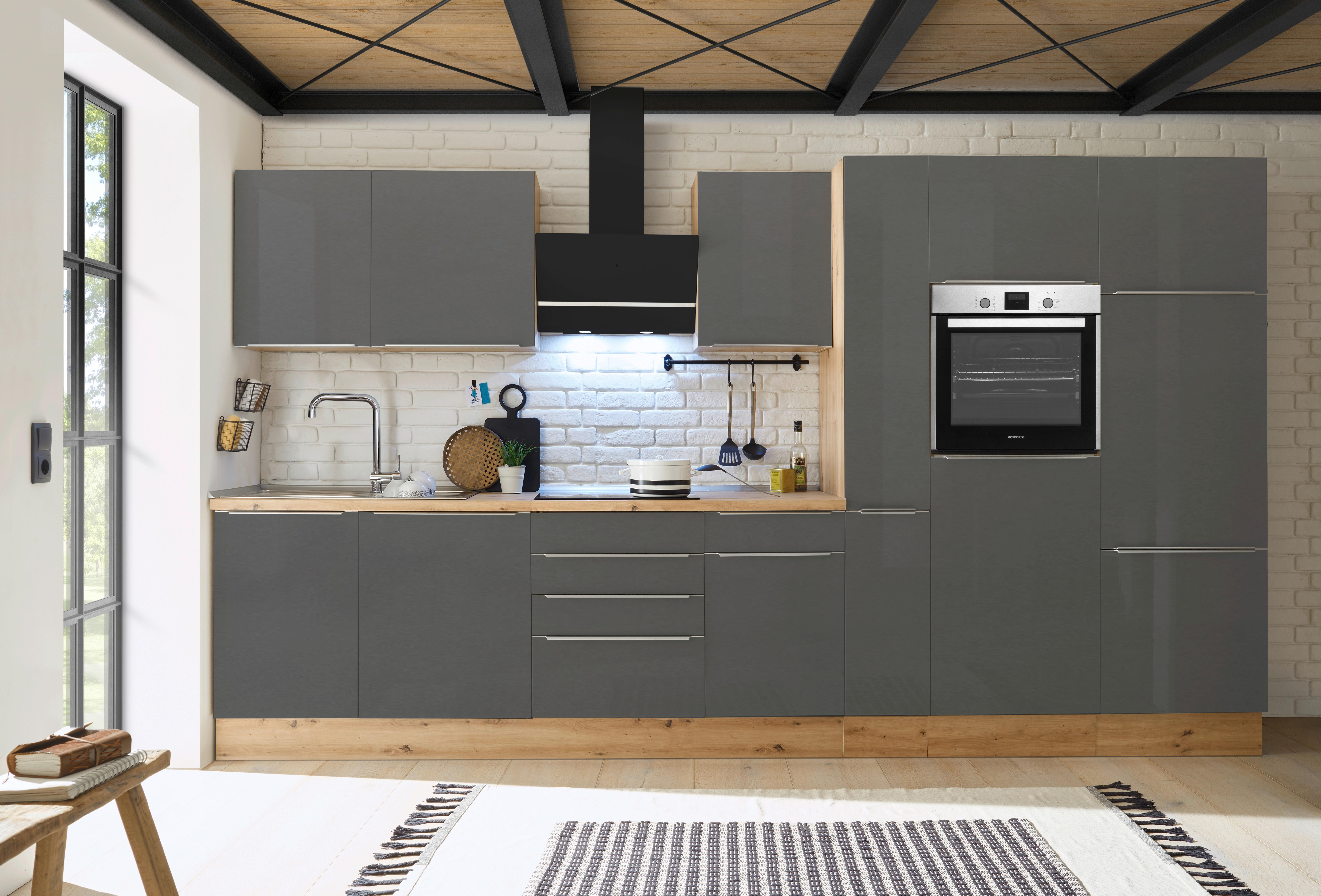 Küchenblock Marleen m. Geräten Grau B: ca. 370 cm - Anthrazit/Alufarben, LIFESTYLE, Holzwerkstoff/Kunststoff (370cm) - Respekta