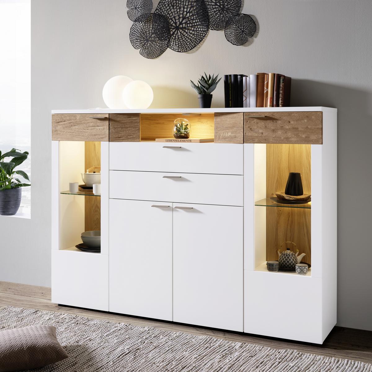 Highboard aus Eiche teilmassiv - Weiss/Edelstahlfarben, Modern, Glas/Holzwerkstoff (180/132/40cm) - Premium Living