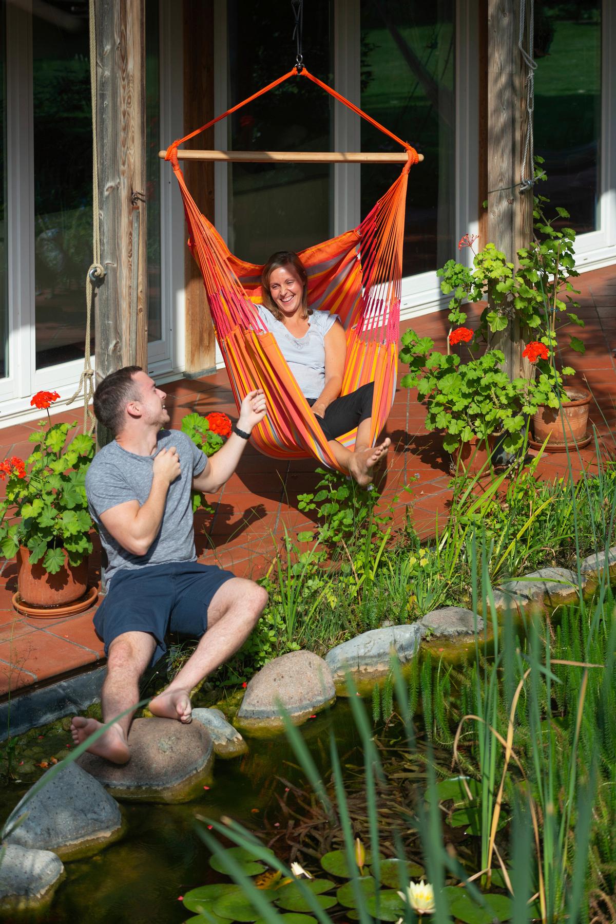 Hängesessel Comfort Hammock Echtholz Gelb/Orange/Rot/Grau - Gelb/Rot, LIFESTYLE, Holz/Textil (110/160/180cm) - La Siesta