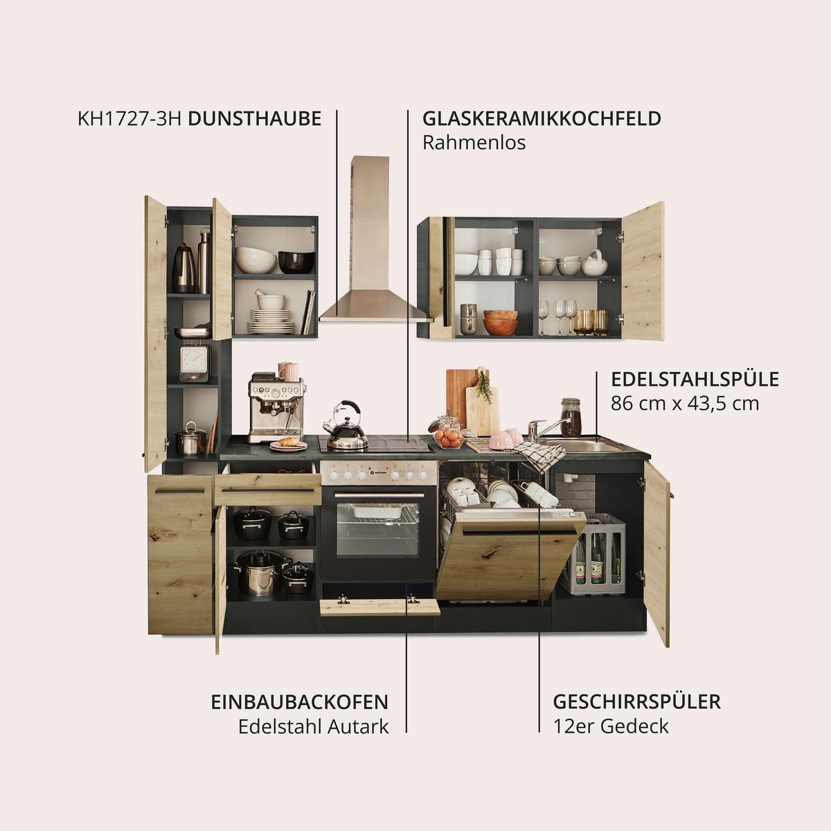 Küchenblock Jazz mit Geräten ca.250cm Eiche/Anthrazit - Anthrazit/Schwarz, LIFESTYLE, Holzwerkstoff/Kunststoff (250cm) - P & B