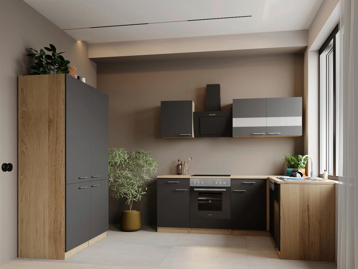 Eckküche Merle m. Geräten ca. 340x172cm Grau - Edelstahlfarben/Eichefarben, Trend, Holzwerkstoff/Metall (340/172cm) - Respekta