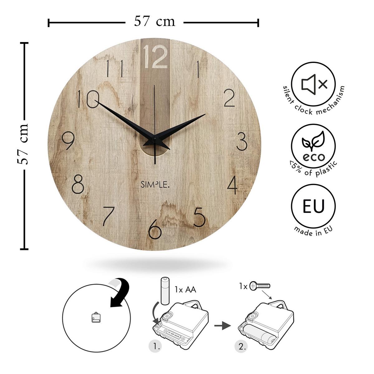 Wanduhr Schwarz/Eichefarben Ø ca. 57cm - Eichefarben/Schwarz, Basics, Holz/Kunststoff (57cm)