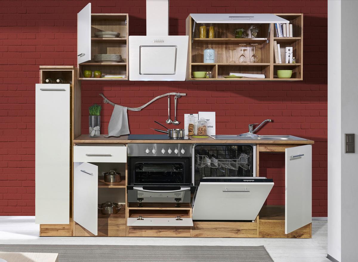 Küchenzeile Economy o. Geräte Weiß/Wildeiche B: ca. 250 cm - Wildeiche/Silberfarben, Basics, Holzwerkstoff/Metall (250/205cm) - Respekta