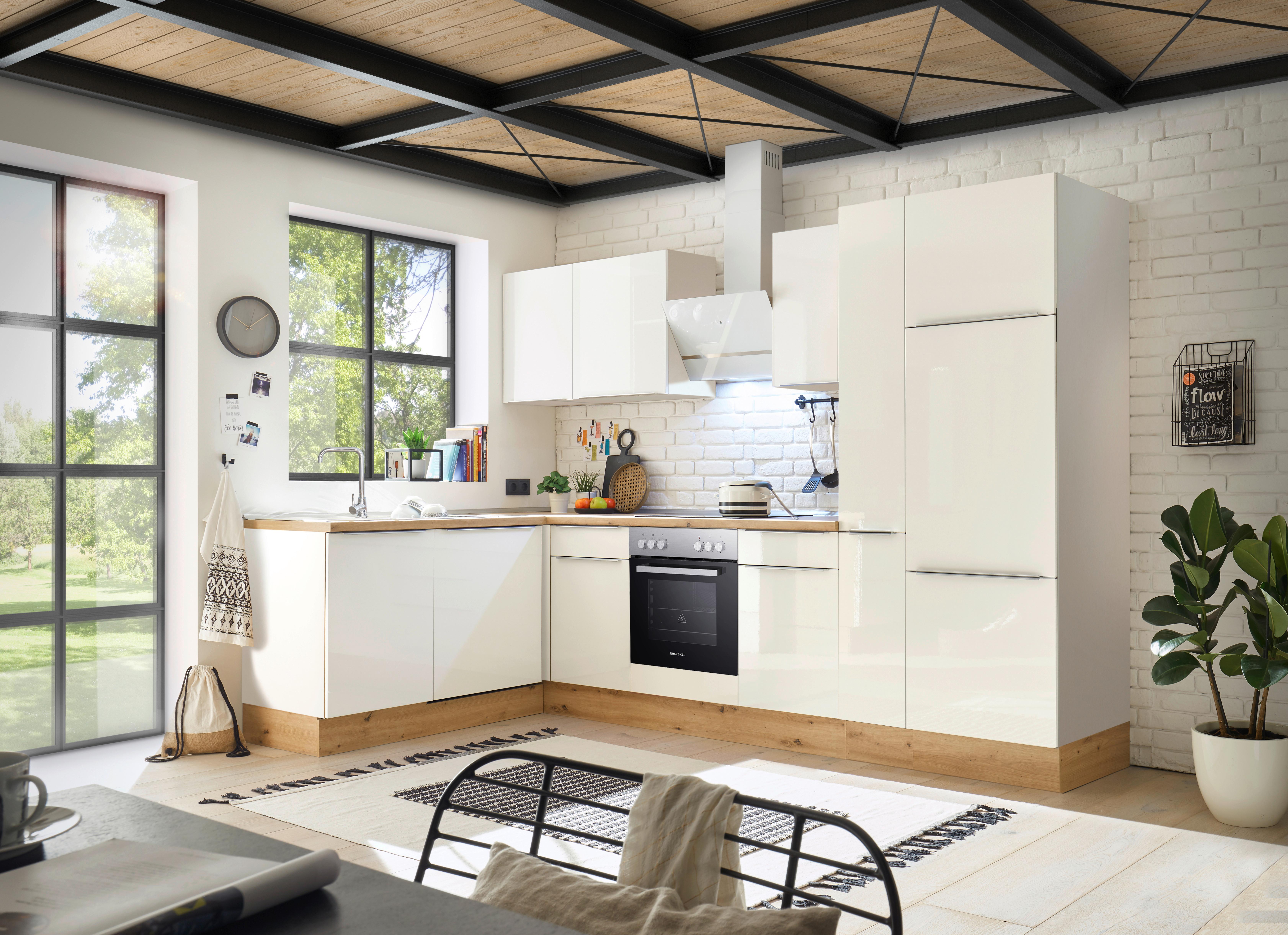 Eckküche mit Geräte Weiß Hochglanz ca. 310x170 cm - Weiß Hochglanz/Alufarben, LIFESTYLE, Holzwerkstoff/Kunststoff (170/310cm) - Respekta