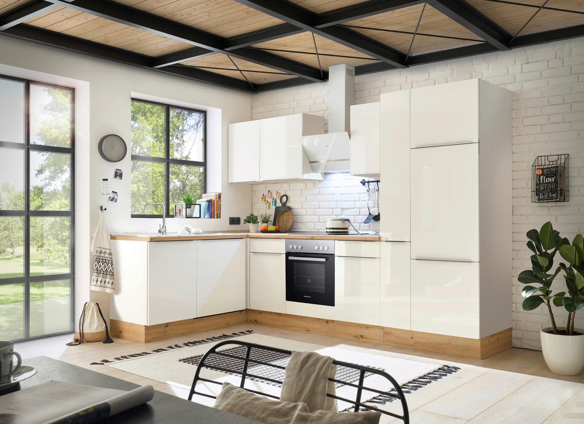 Eckküche mit Geräte Weiß Hochglanz ca. 310x170 cm - Weiß Hochglanz/Alufarben, LIFESTYLE, Holzwerkstoff/Kunststoff (170/310cm) - Respekta