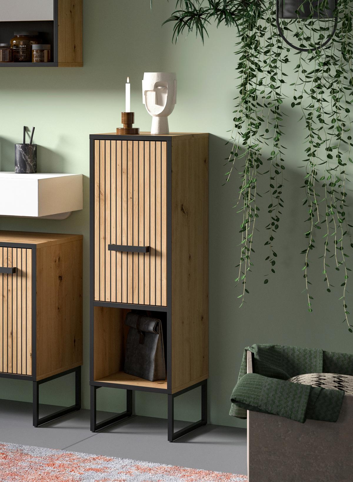 Midischrank Bagno Eiche Artisan/Schwarz - Schwarz/Eiche Artisan, Trend, Holzwerkstoff/Kunststoff (30/101/32cm) - MID.YOU