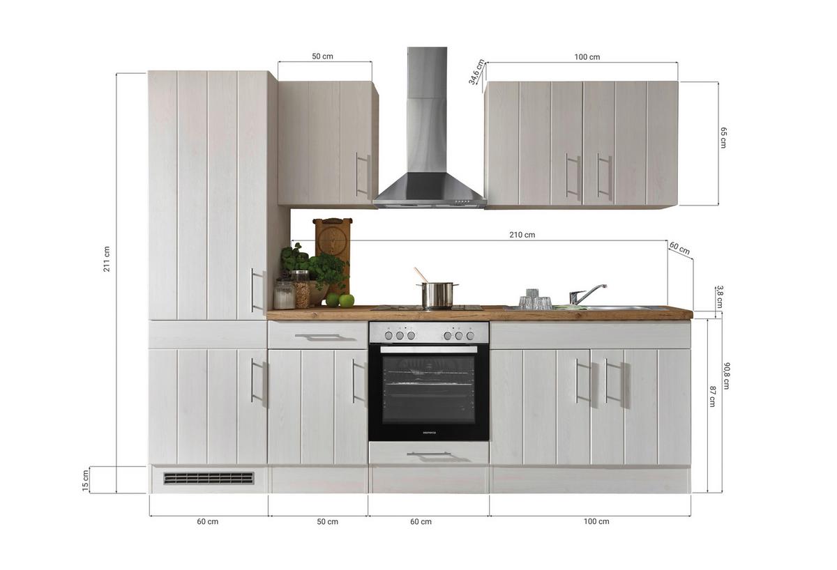 Küchenblock Anton Landhaus ohne Geräte ca. 270 cm Weiß - Wildeiche/Edelstahlfarben, Basics, Holzwerkstoff/Metall - Respekta