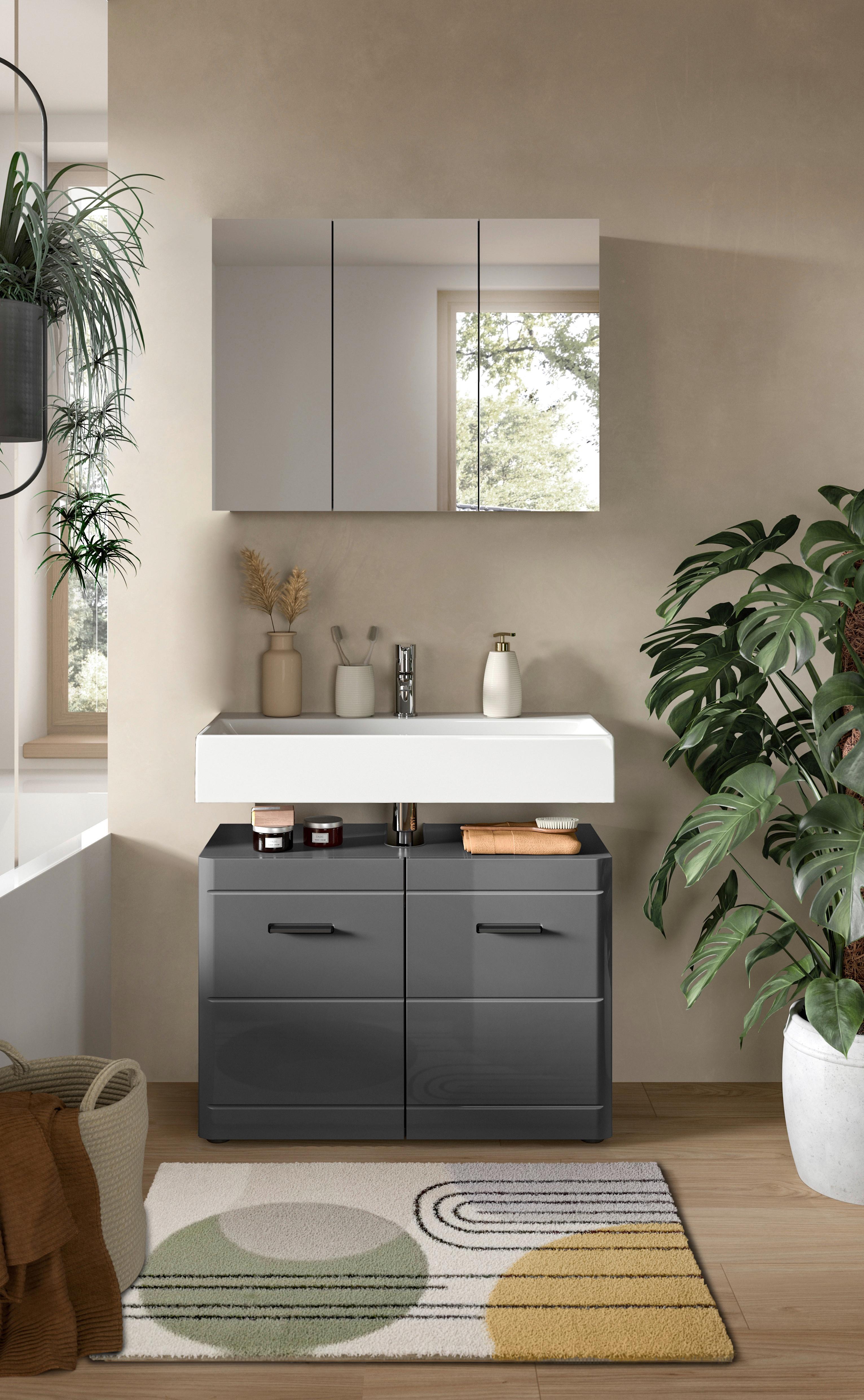 Badezimmer Soft 2-tlg. ca. 80 cm Grau hochglanz - Grau Hochglanz/Schwarz, MODERN, Holzwerkstoff (80cm) - MID.YOU